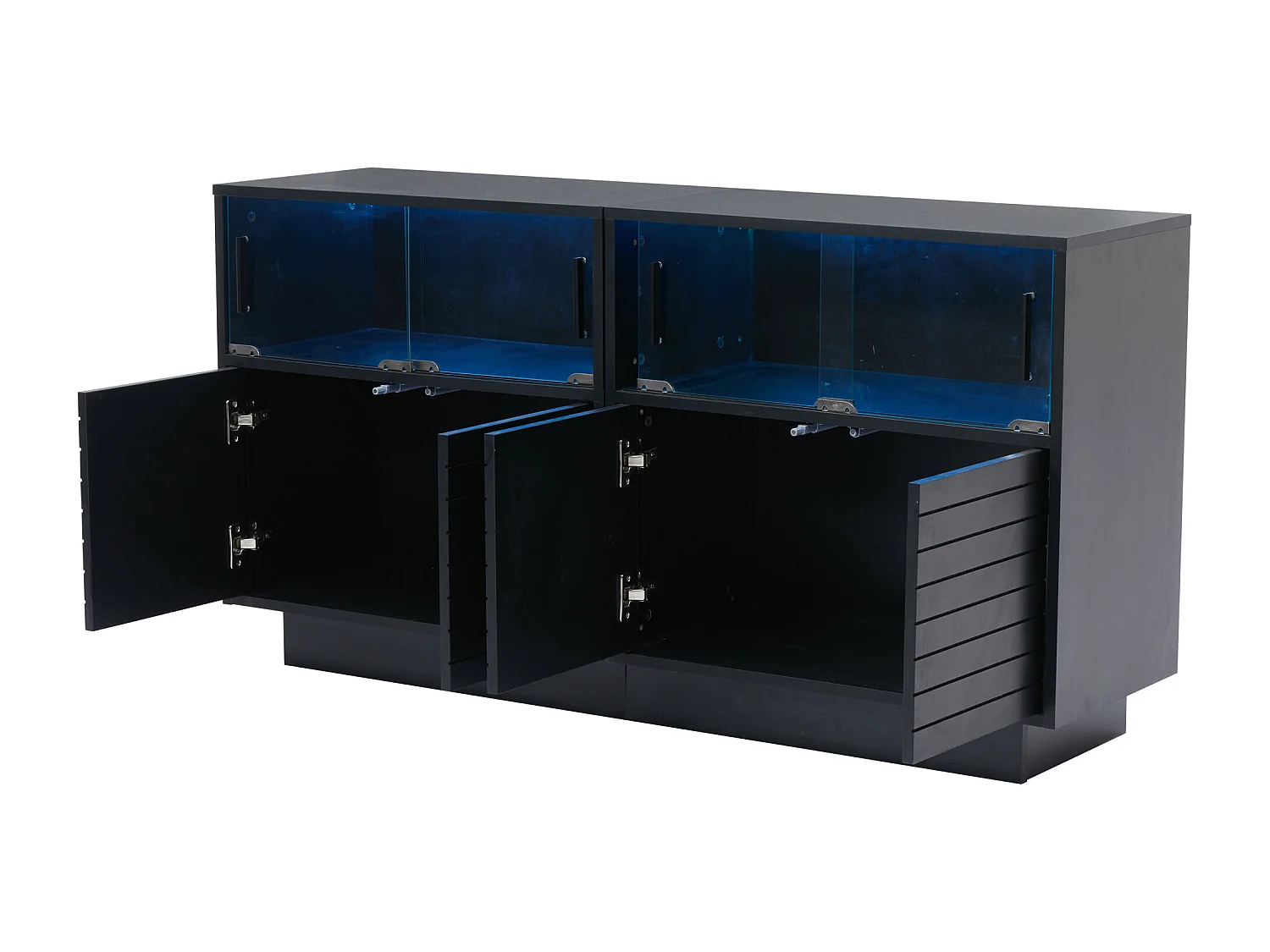 Buffet 130x35x68cm avec 4 portes coulissantes en verre et 4 portes battantes noir, LED inclus