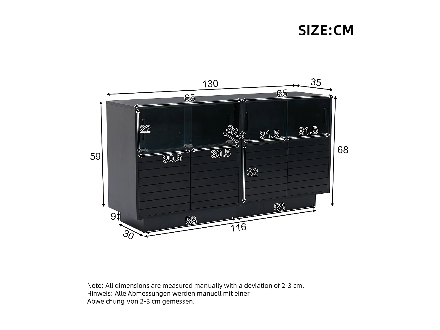 Buffet 130x35x68cm avec 4 portes coulissantes en verre et 4 portes battantes noir, LED inclus