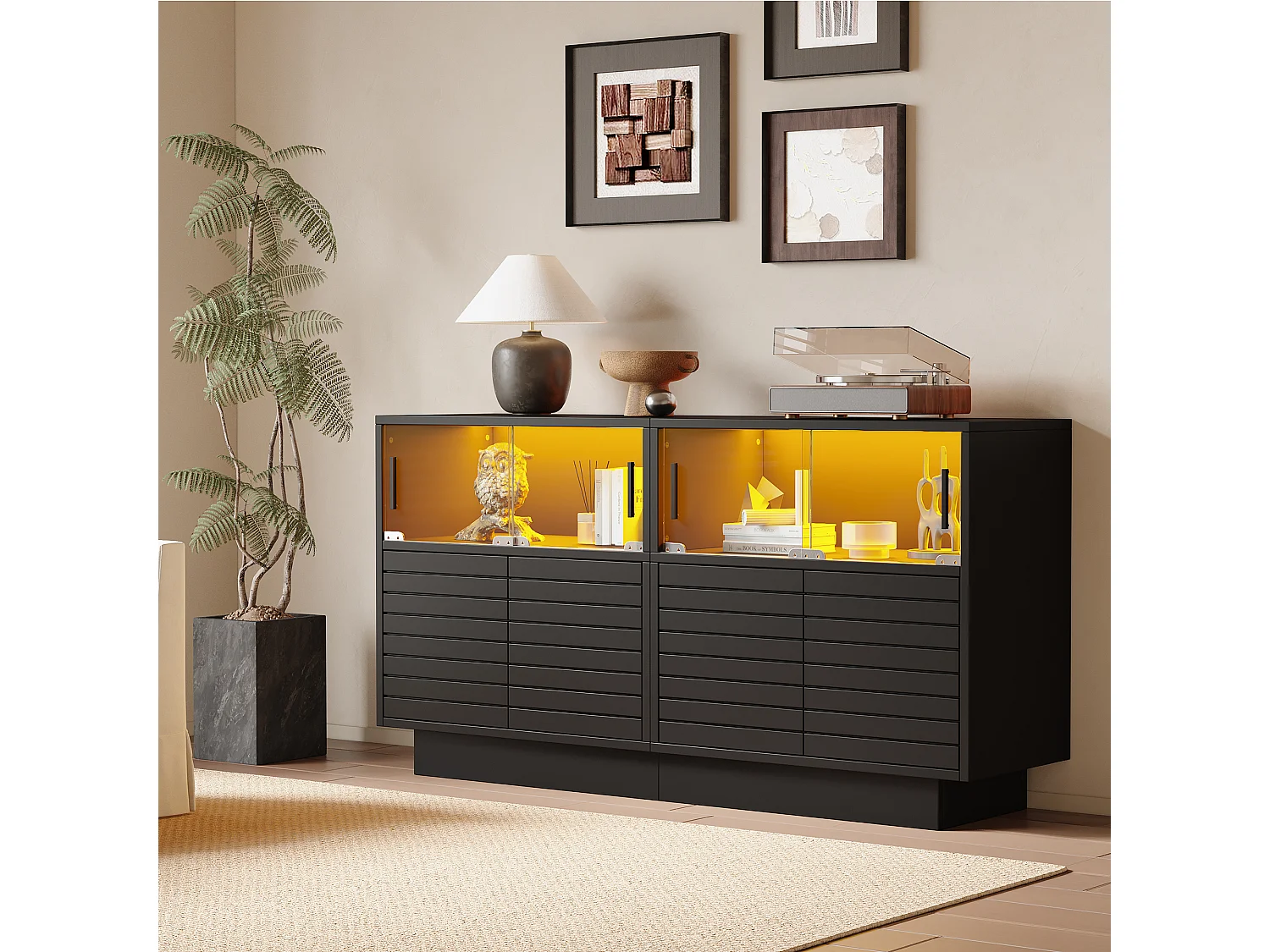 Buffet 130x35x68cm avec 4 portes coulissantes en verre et 4 portes battantes noir, LED inclus