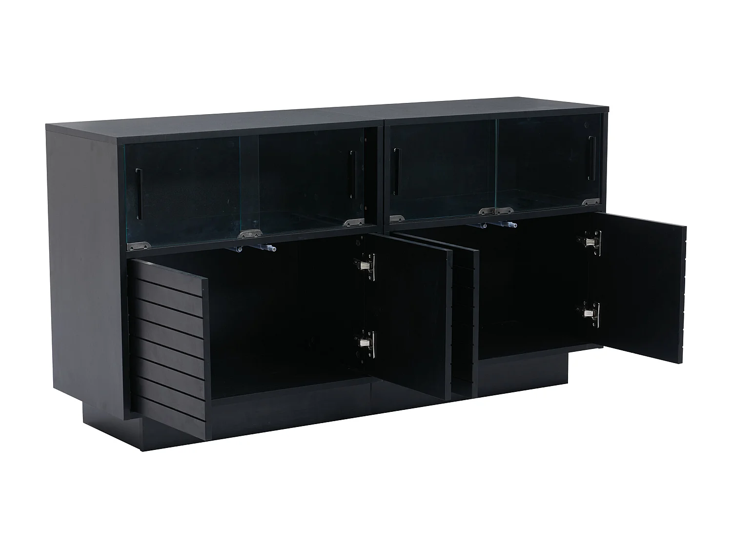 Buffet 130x35x68cm avec 4 portes coulissantes en verre et 4 portes battantes noir, LED inclus