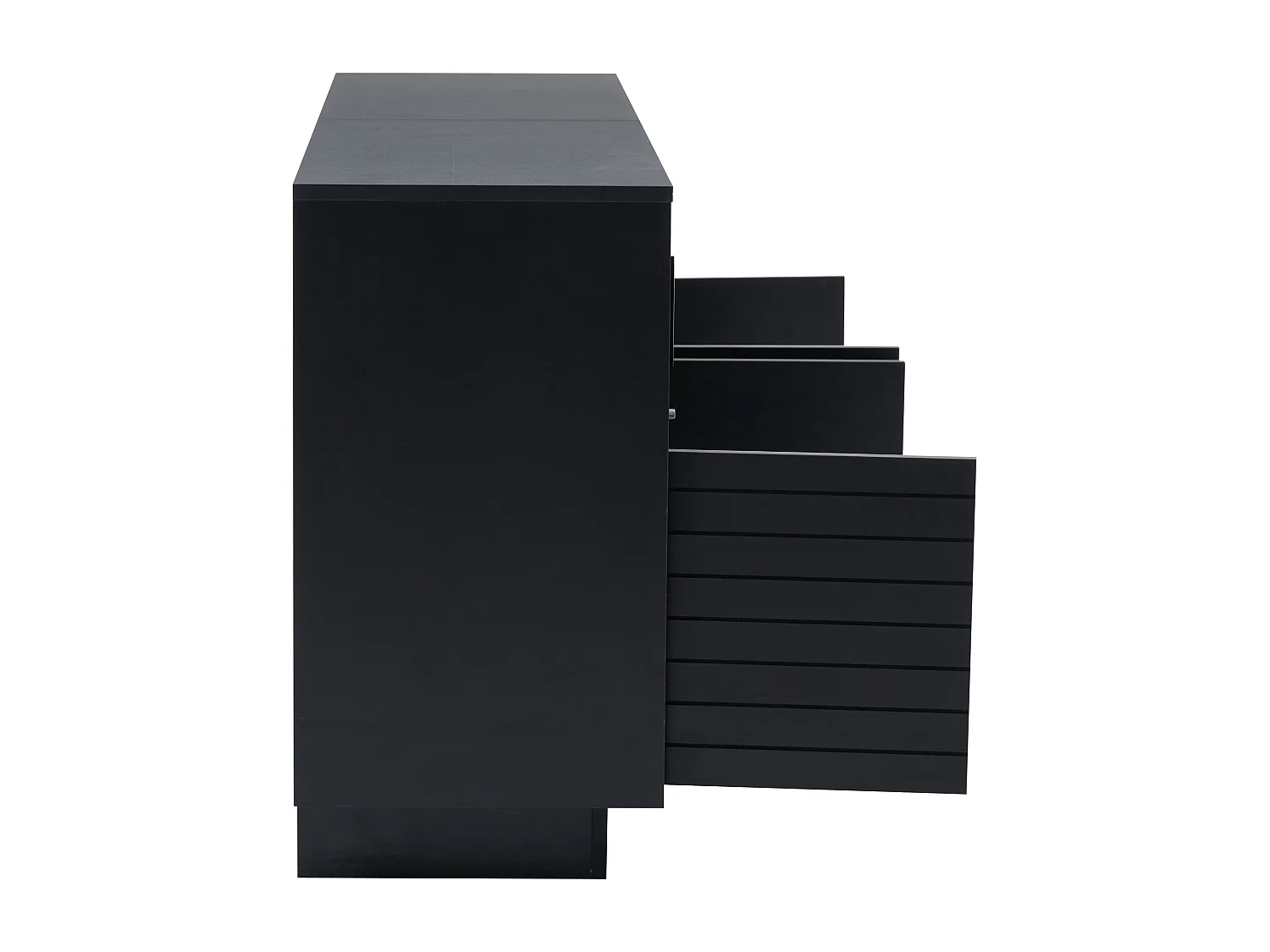 Buffet 130x35x68cm avec 4 portes coulissantes en verre et 4 portes battantes noir, LED inclus