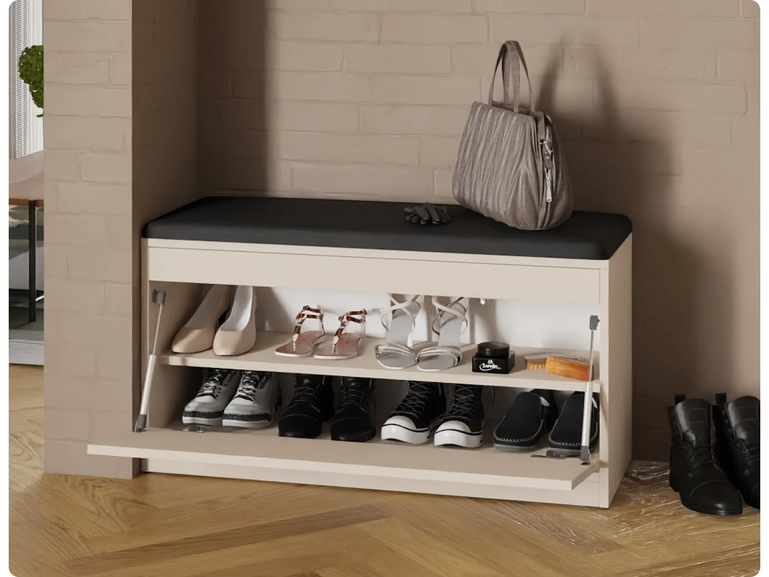 Szafka na buty BARI 100 cm – Ławka do przedpokoju z siedziskiem z ekologicznej skóry, na 8–10 par