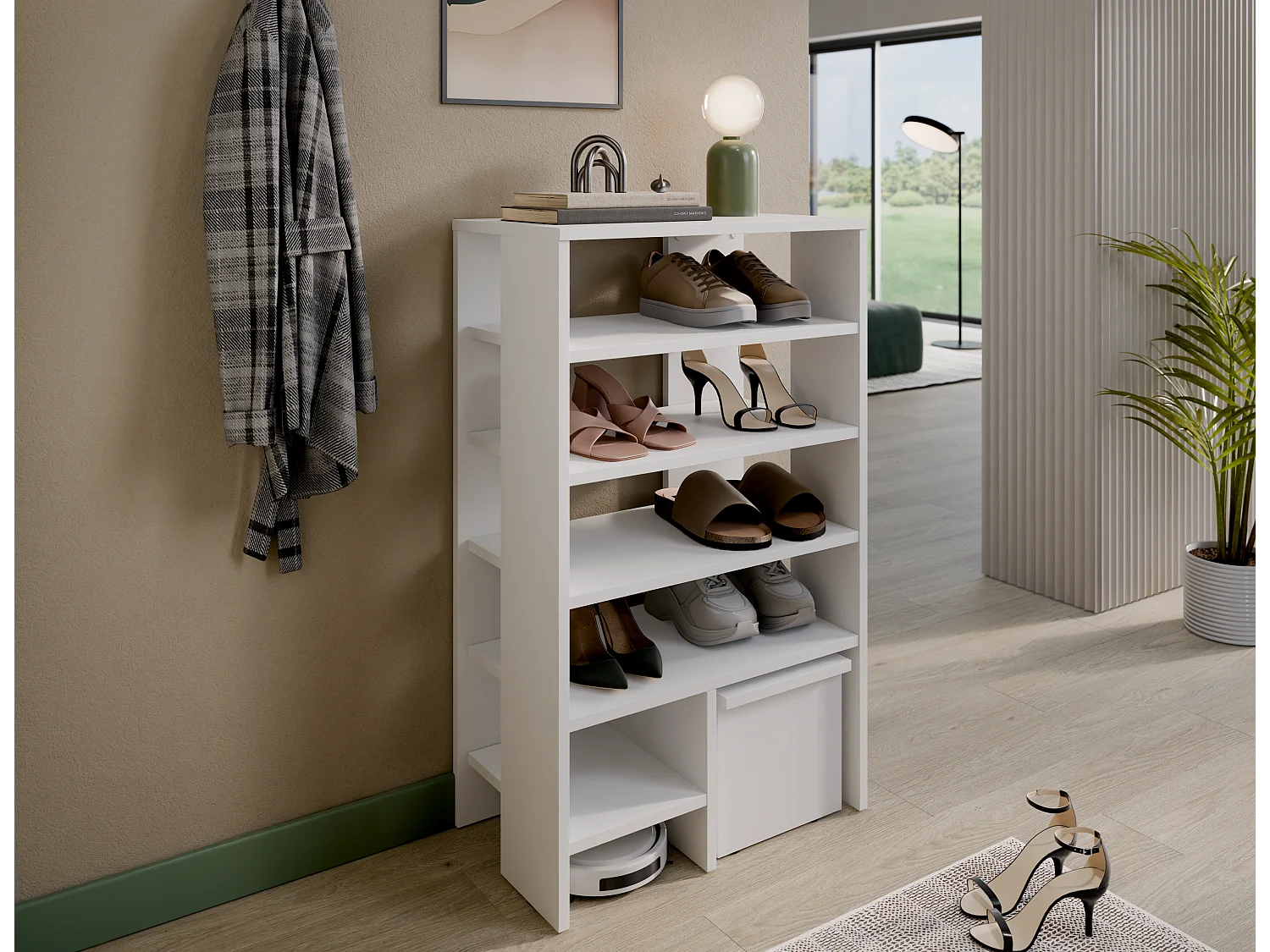 Étagère à chaussures RUBI 60 cm – Meuble compact avec 6 niveaux, pour 14 à 16 paires, avec pieds réglables