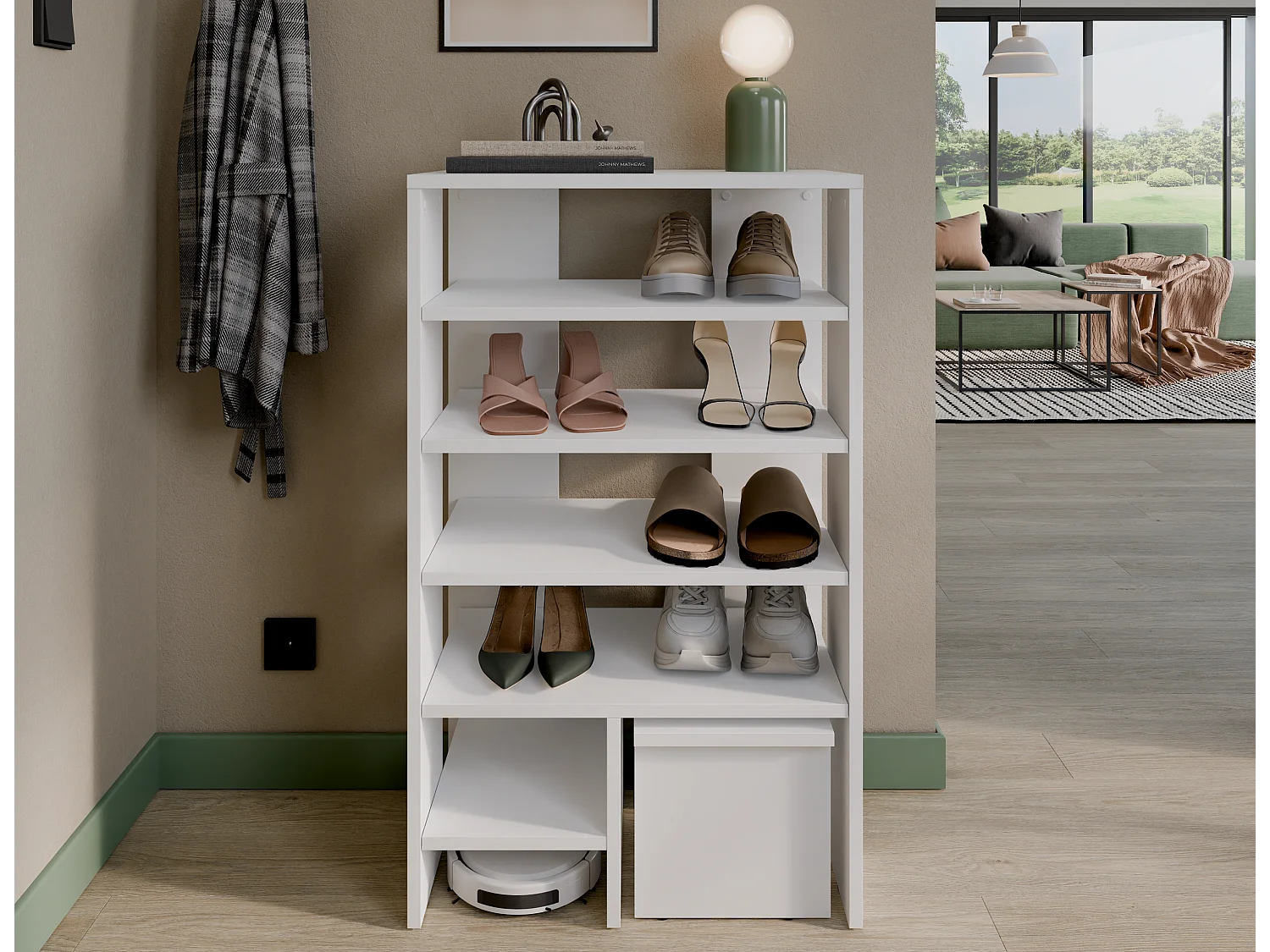 Étagère à chaussures RUBI 60 cm – Meuble compact avec 6 niveaux, pour 14 à 16 paires, avec pieds réglables