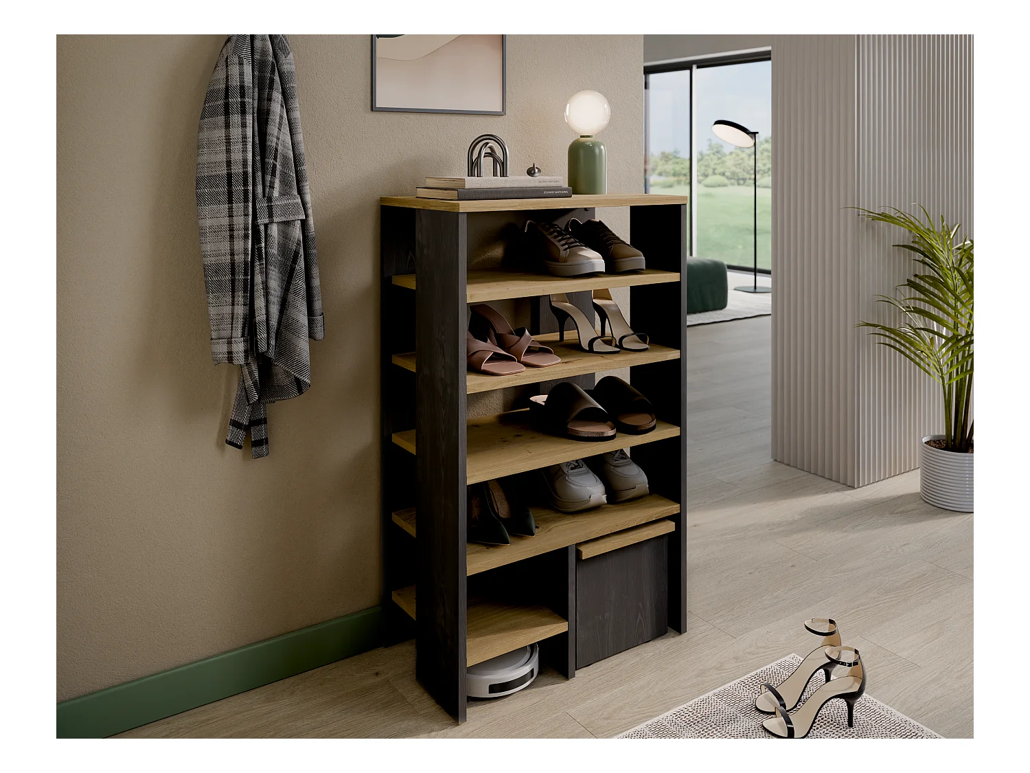Étagère à chaussures RUBI 60 cm – Meuble compact avec 6 niveaux, pour 14 à 16 paires, avec pieds réglables