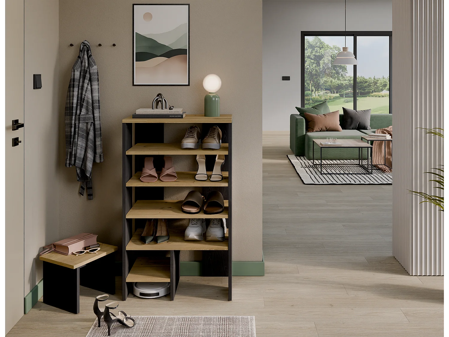 Schoenenrek RUBI 60 cm – Compact meubel met 6 niveaus, voor 14–16 paar schoenen, met verstelbare poten