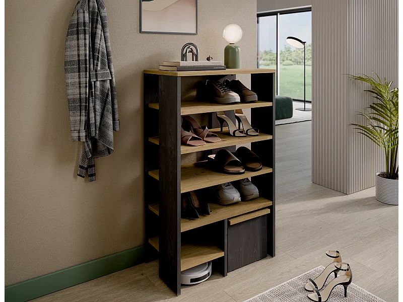 Étagère à chaussures RUBI 60 cm – Meuble compact avec 6 niveaux, pour 14 à 16 paires, avec pieds réglables