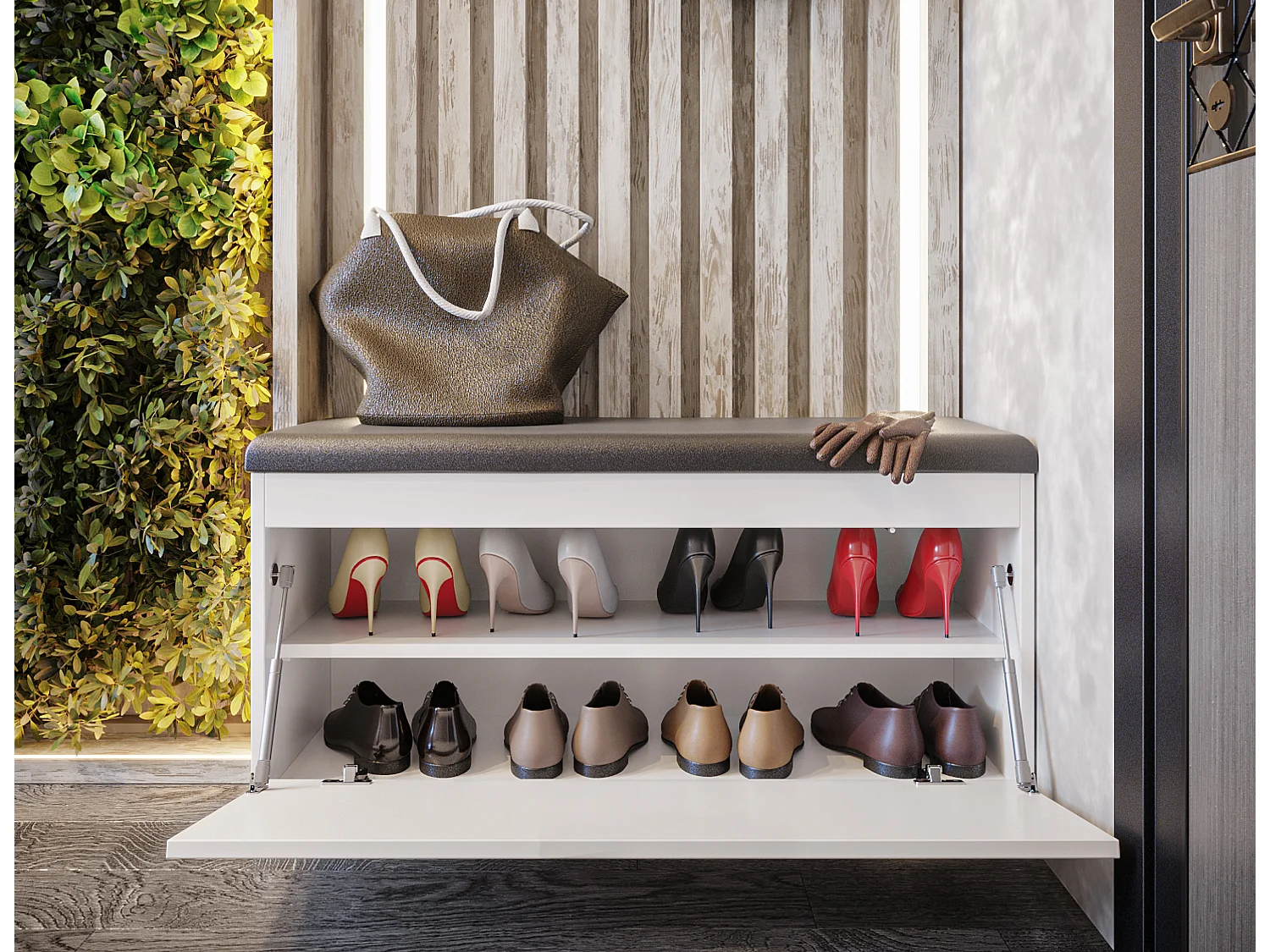 Zapatero BARI 100 cm – Banco de entrada con asiento de cuero ecológico, para 8 a 10 pares