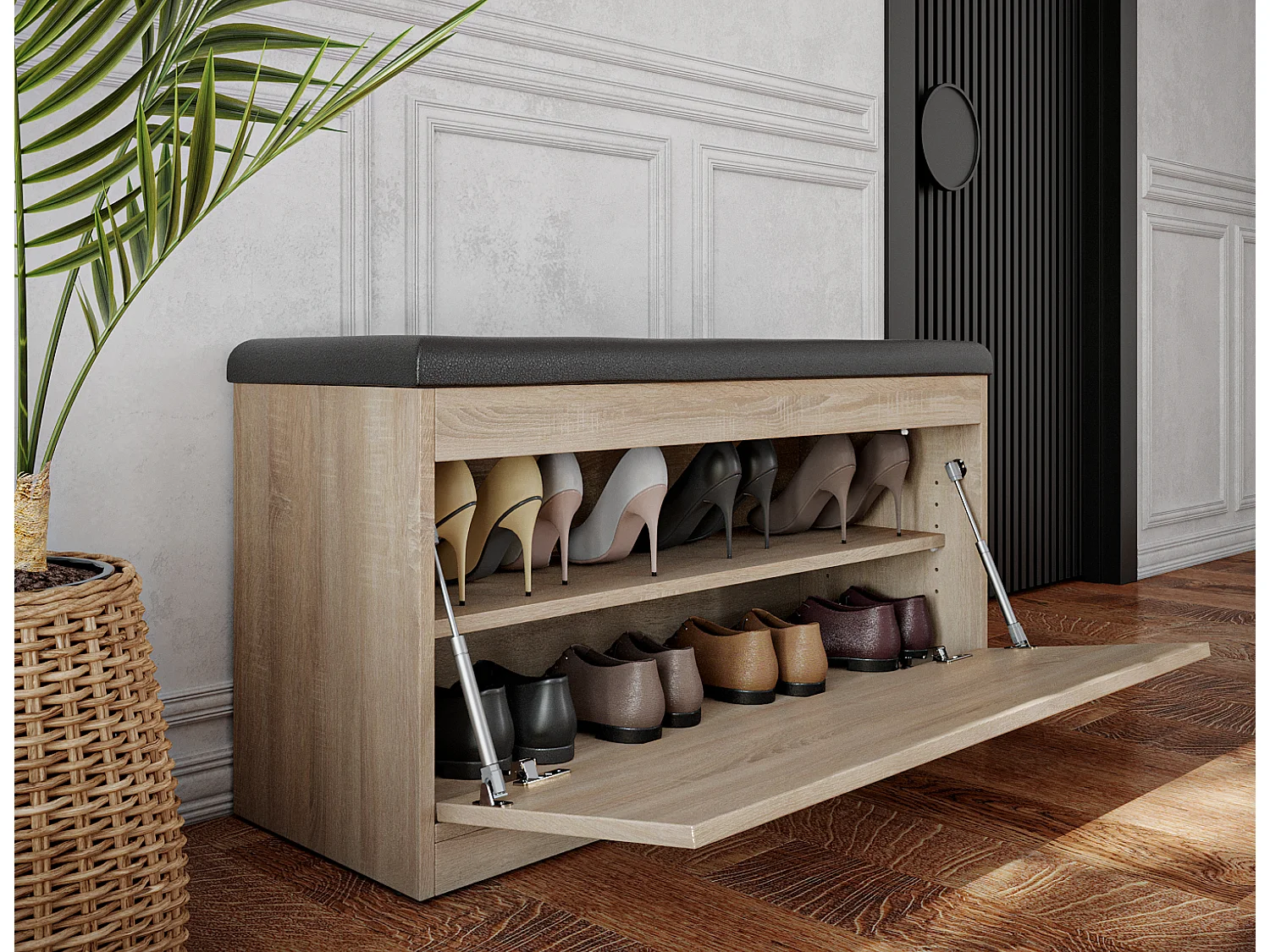 Schoenenkast BARI 100 cm – Halbank met zitting van ecologisch leer, voor 8–10 paar