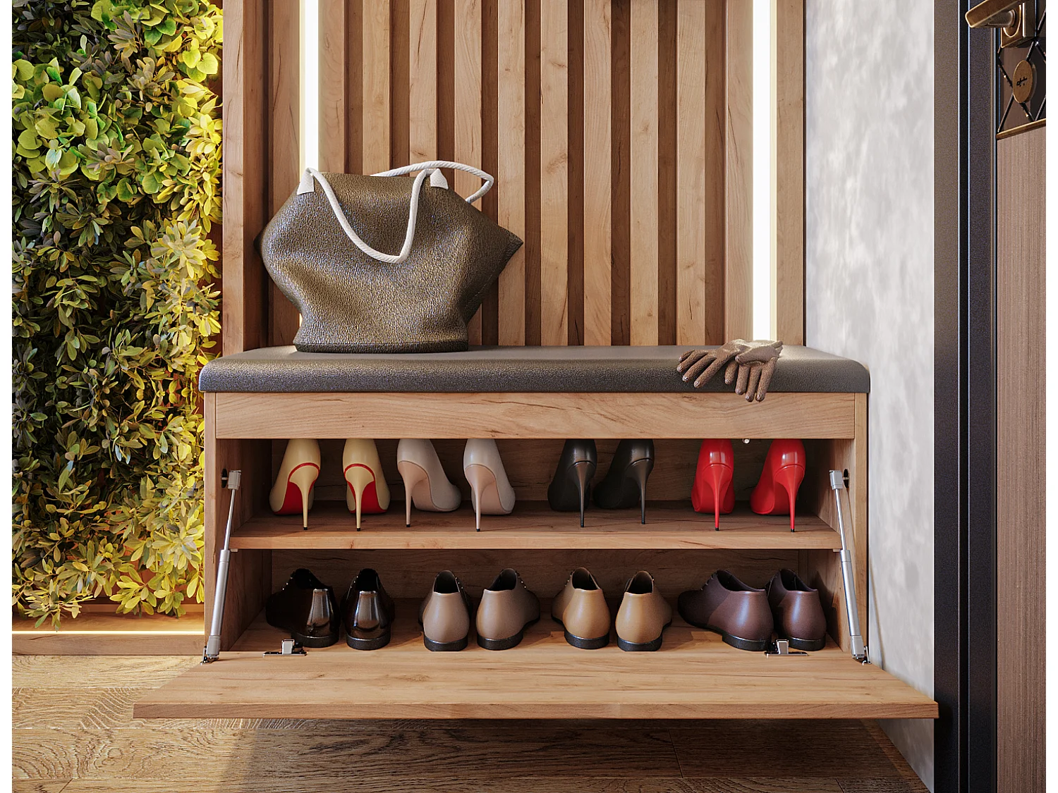 Sapateira BARI 100 cm – Banco de entrada com assento em couro ecológico, para 8 a 10 pares