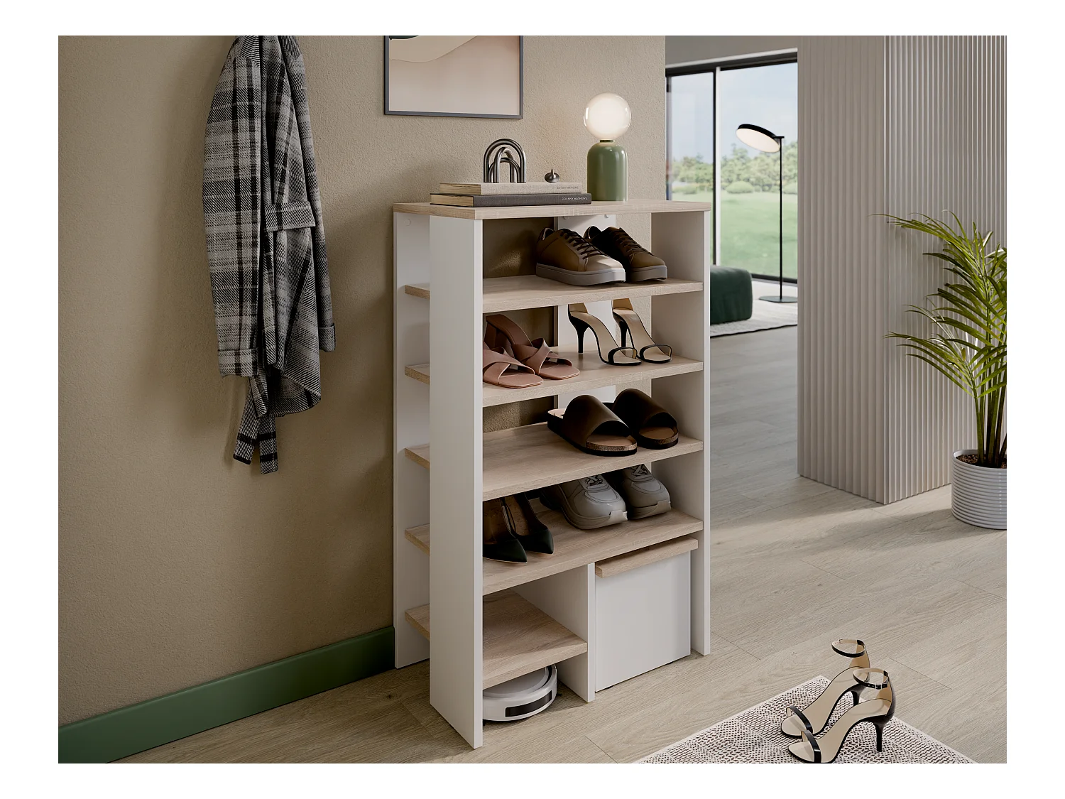 Étagère à chaussures RUBI 60 cm – Meuble compact avec 6 niveaux, pour 14 à 16 paires, avec pieds réglables