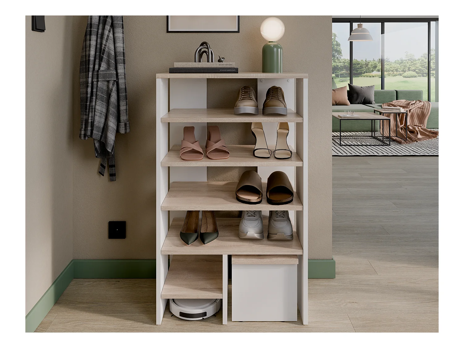 Étagère à chaussures RUBI 60 cm – Meuble compact avec 6 niveaux, pour 14 à 16 paires, avec pieds réglables