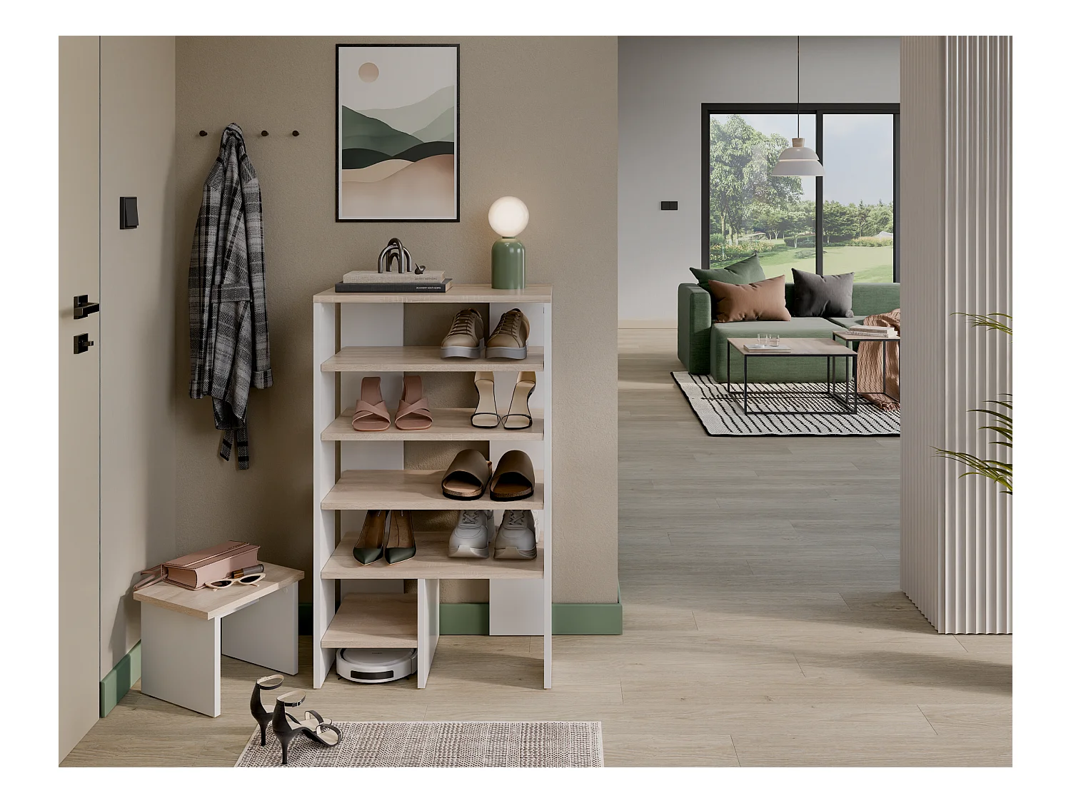 Étagère à chaussures RUBI 60 cm – Meuble compact avec 6 niveaux, pour 14 à 16 paires, avec pieds réglables