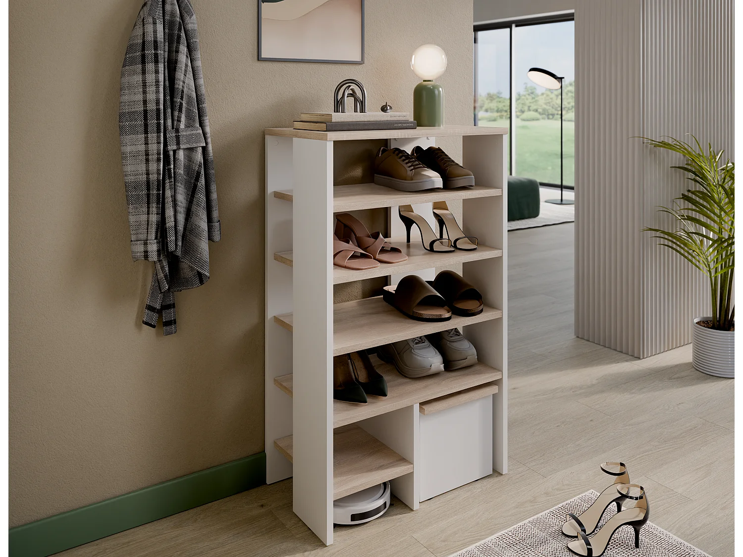 Étagère à chaussures RUBI 60 cm – Meuble compact avec 6 niveaux, pour 14 à 16 paires, avec pieds réglables