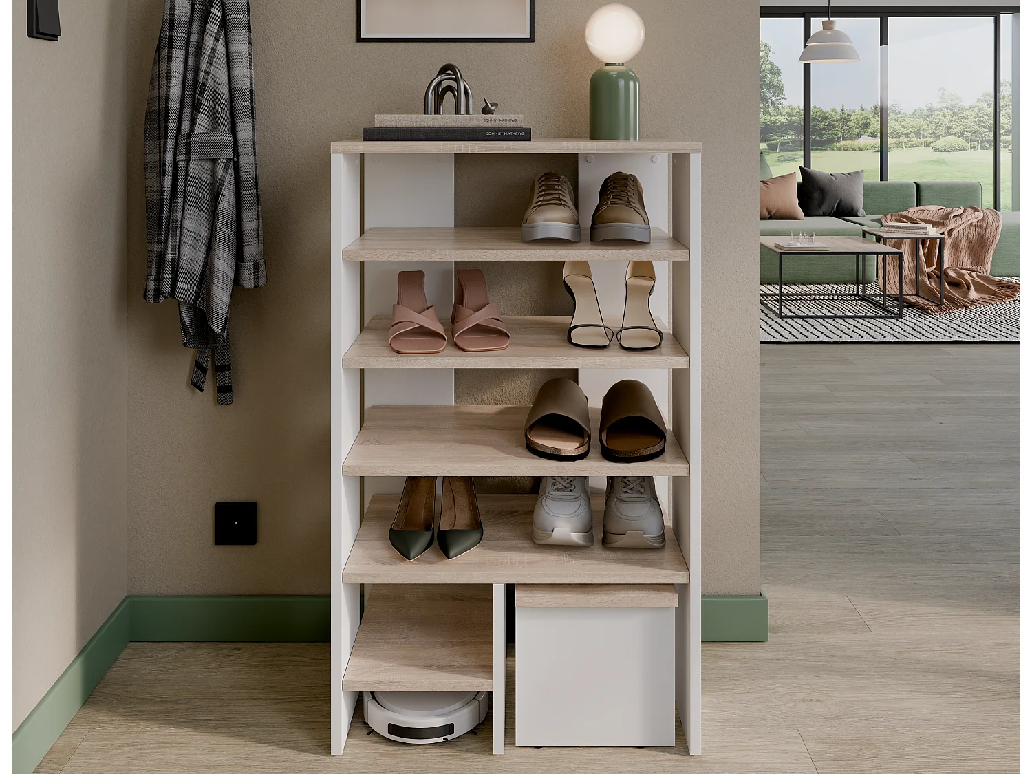 Étagère à chaussures RUBI 60 cm – Meuble compact avec 6 niveaux, pour 14 à 16 paires, avec pieds réglables