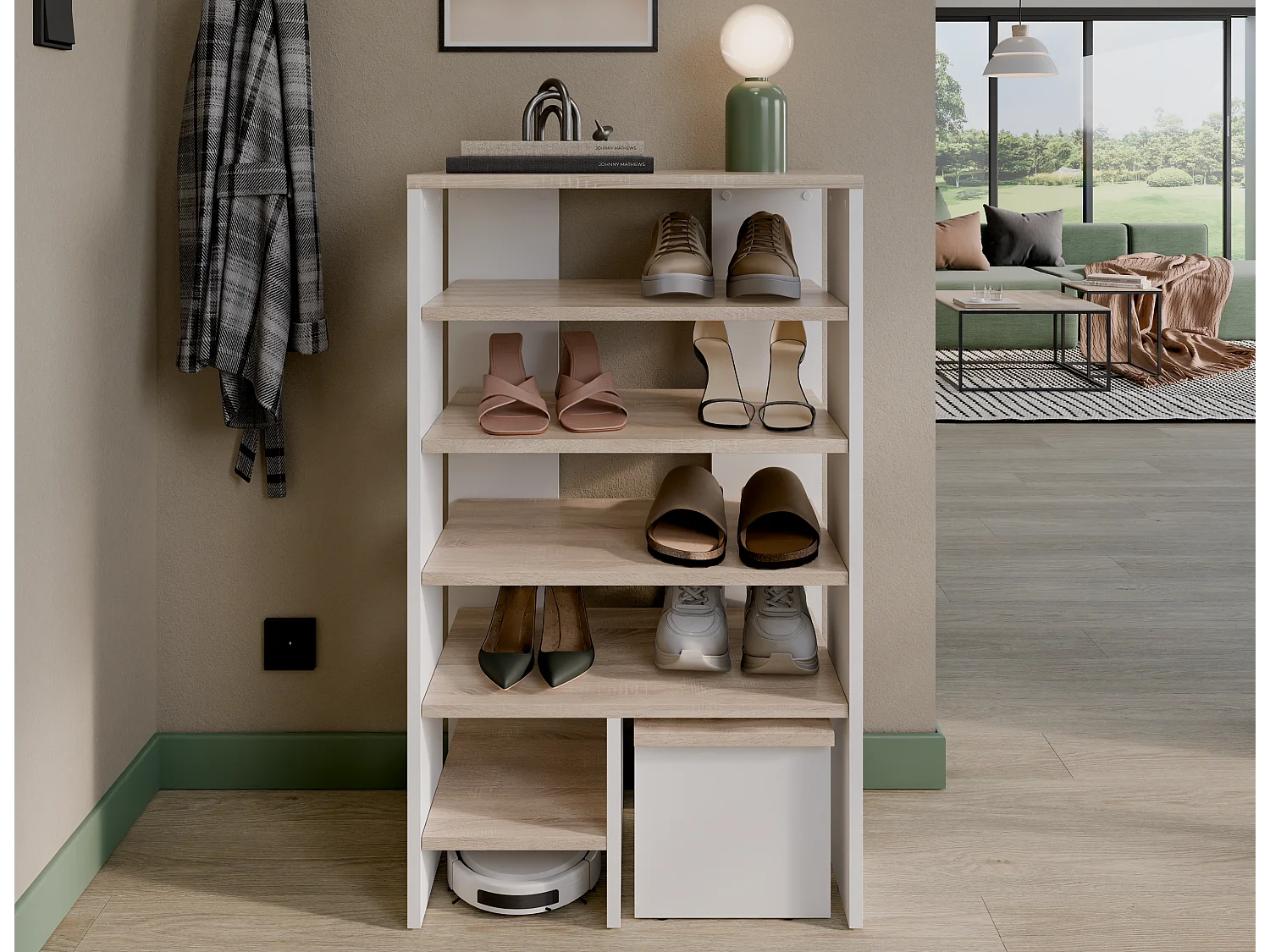 Étagère à chaussures RUBI 60 cm – Meuble compact avec 6 niveaux, pour 14 à 16 paires, avec pieds réglables