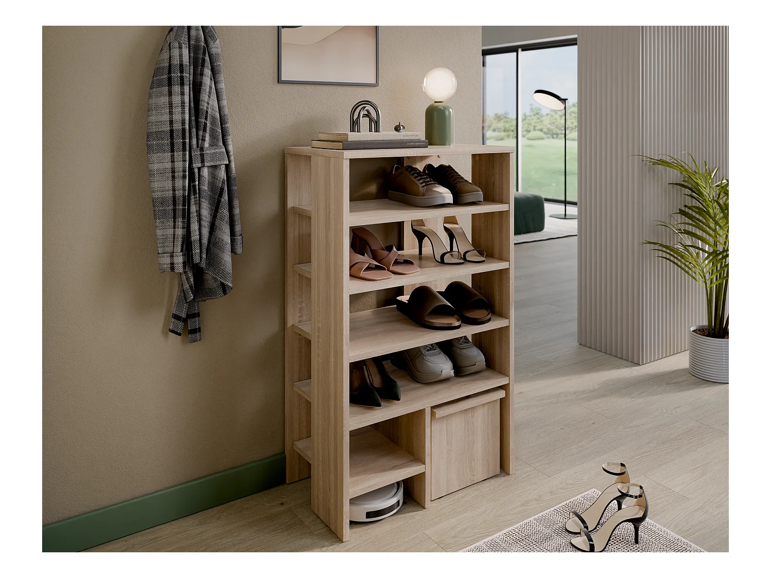 Étagère à chaussures RUBI 60 cm – Meuble compact avec 6 niveaux, pour 14 à 16 paires, avec pieds réglables