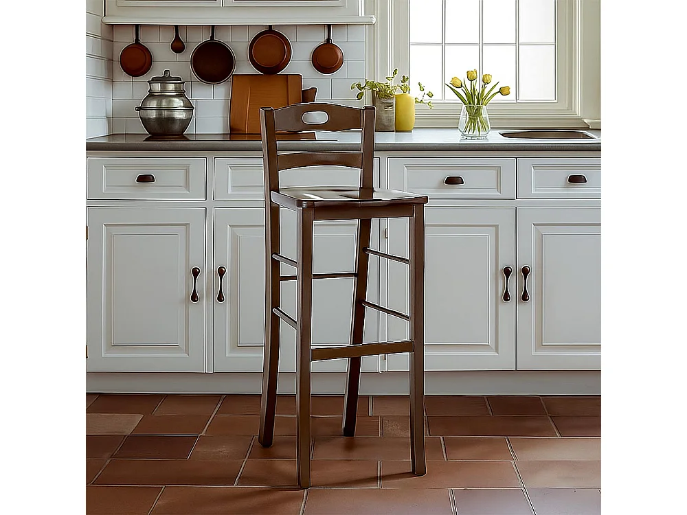 Tabouret snack h 80 cm en bois de noyer foncé avec poignée et assise en bois massif