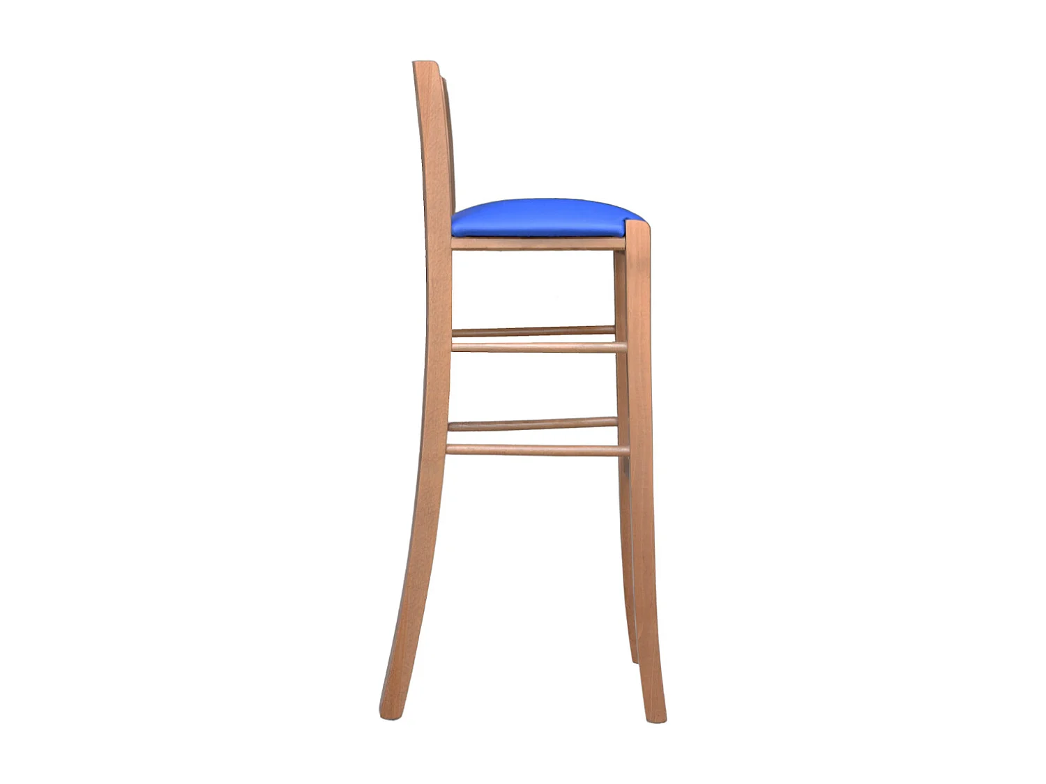 Sgabello alto 80 cm in legno noce chiaro con schienale seduta in similpelle blu