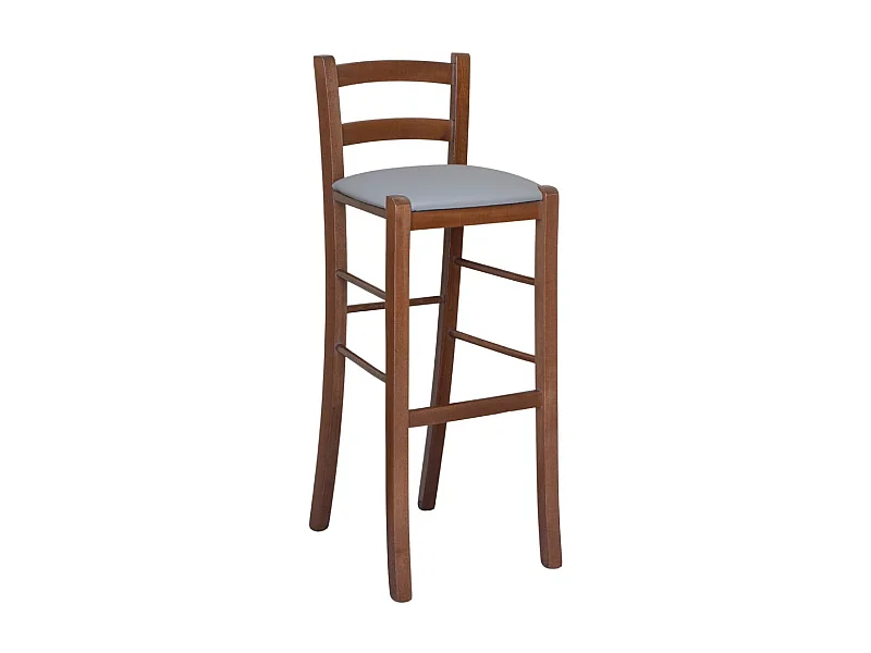 Tabouret h 80cm en bois de noyer foncé avec dossier et assise en simili cuir gris tourterelle