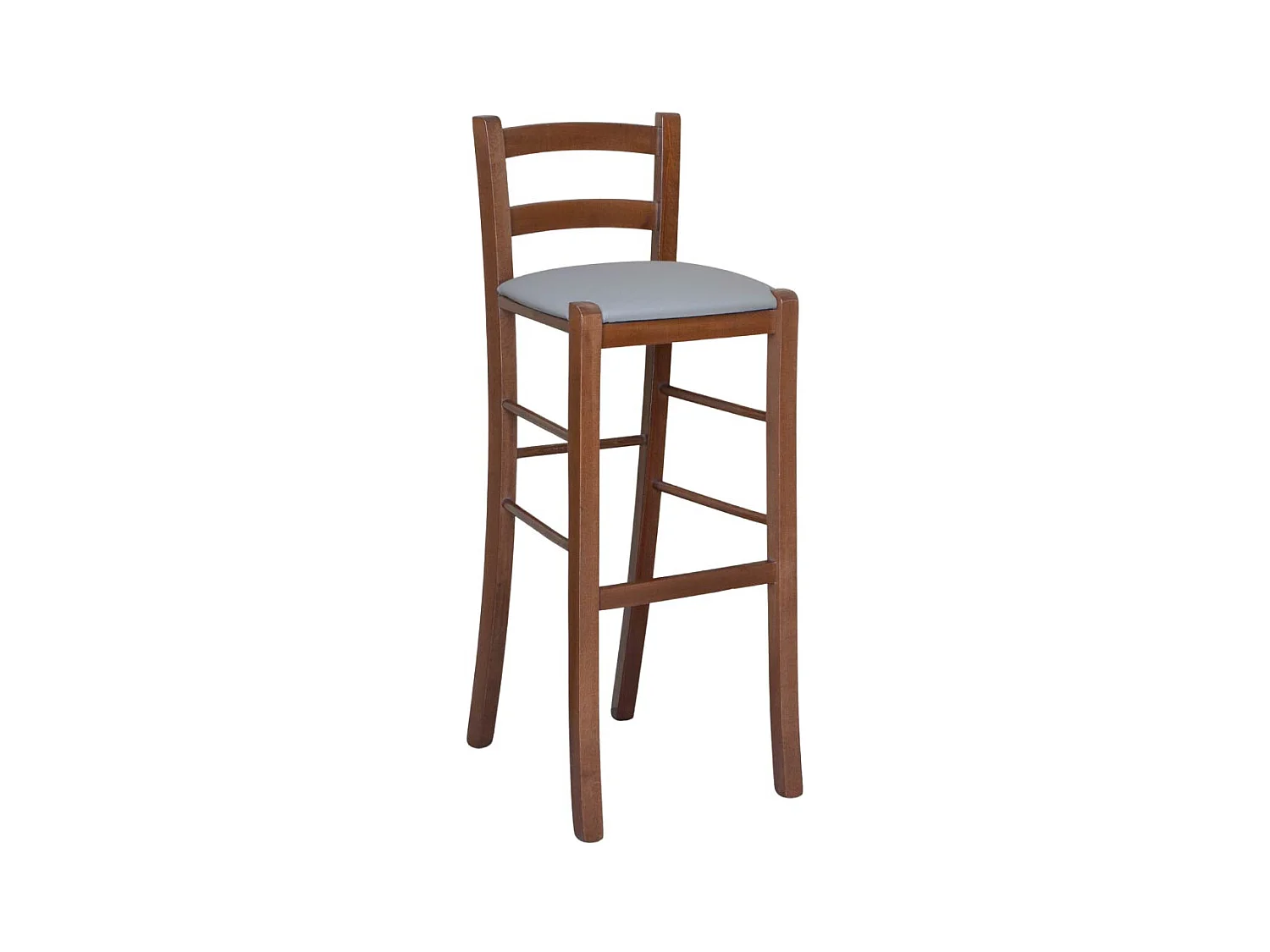 Tabouret h 80cm en bois de noyer foncé avec dossier et assise en simili cuir gris tourterelle
