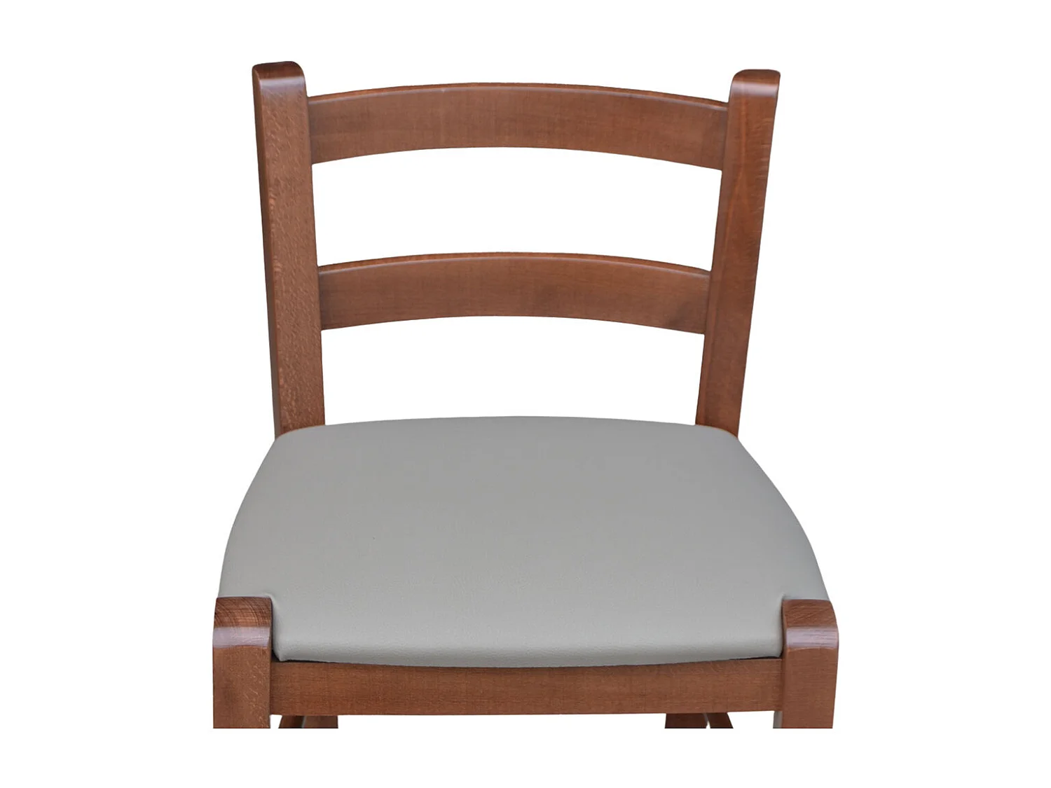 Tabouret h 80cm en bois de noyer foncé avec dossier et assise en simili cuir gris tourterelle