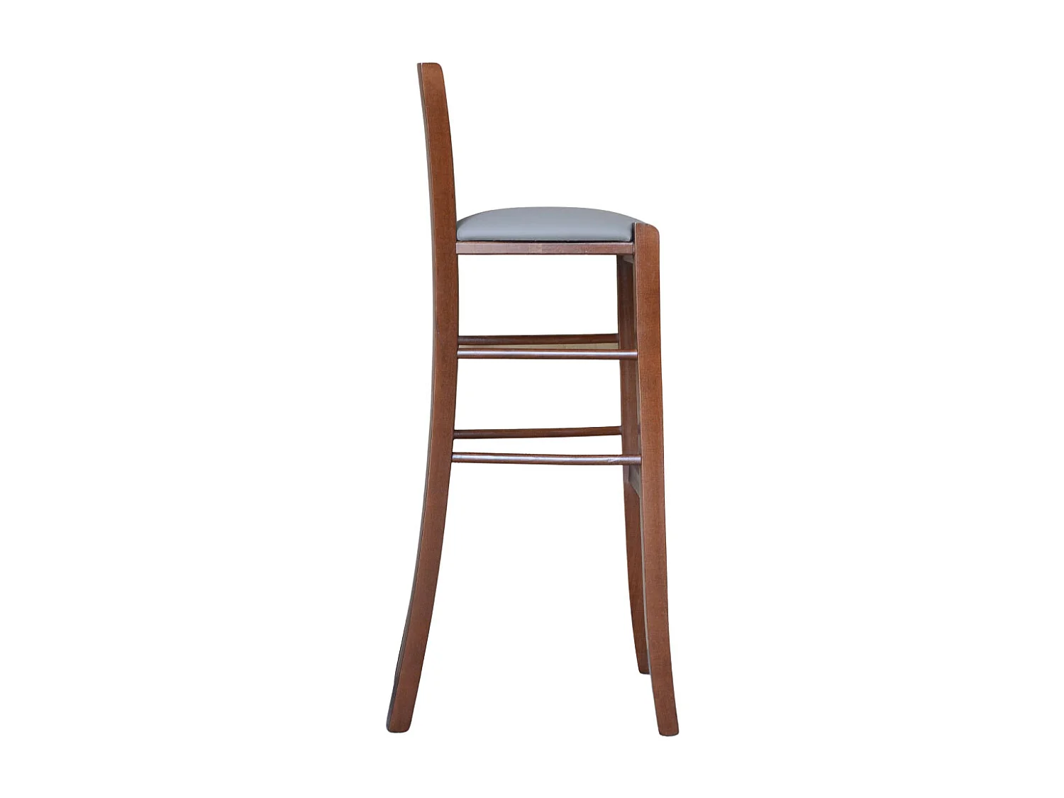 Tabouret h 80cm en bois de noyer foncé avec dossier et assise en simili cuir gris tourterelle