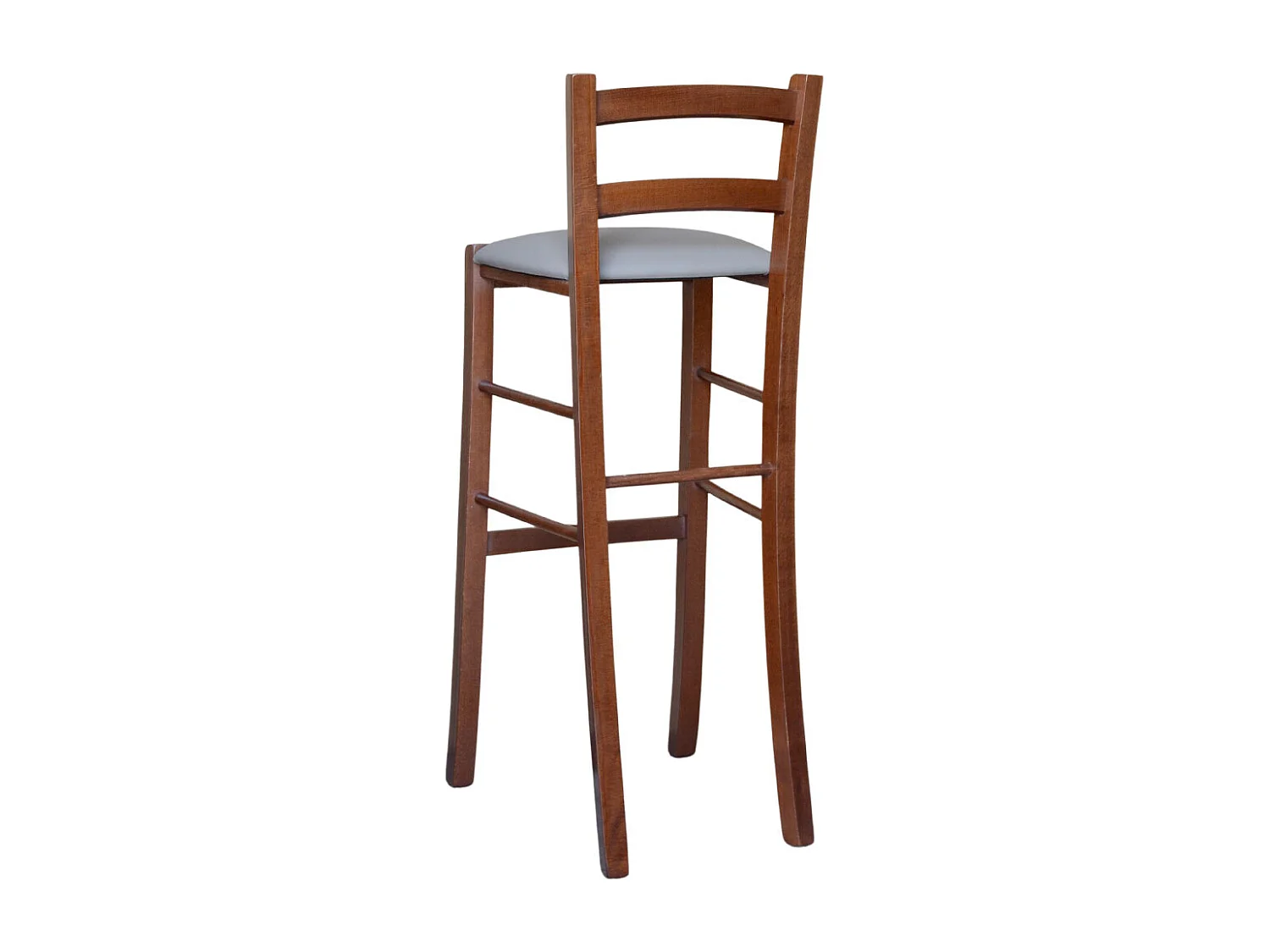 Tabouret h 80cm en bois de noyer foncé avec dossier et assise en simili cuir gris tourterelle