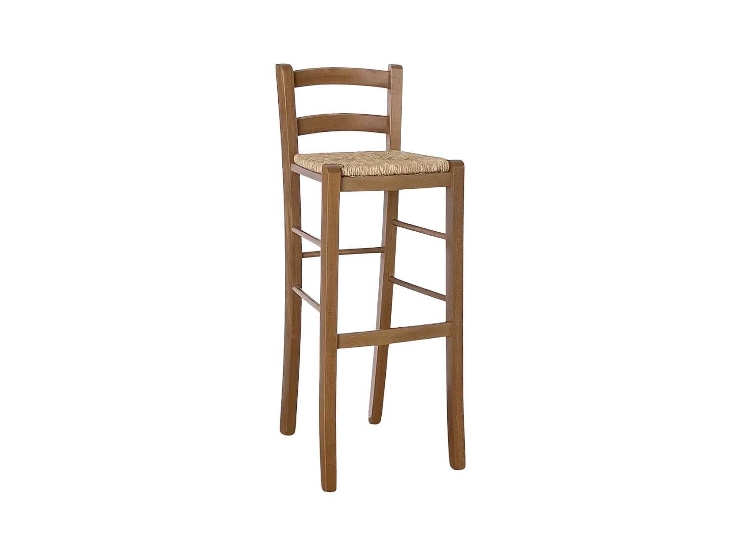 Tabouret h 80 cm en bois de noyer clair avec dossier et assise en paille