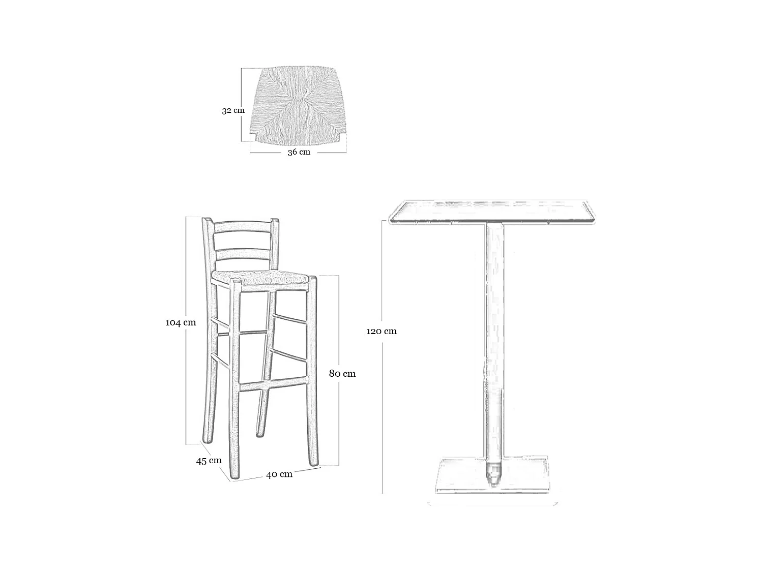 Tabouret h 80 cm en bois de noyer clair avec dossier et assise en paille