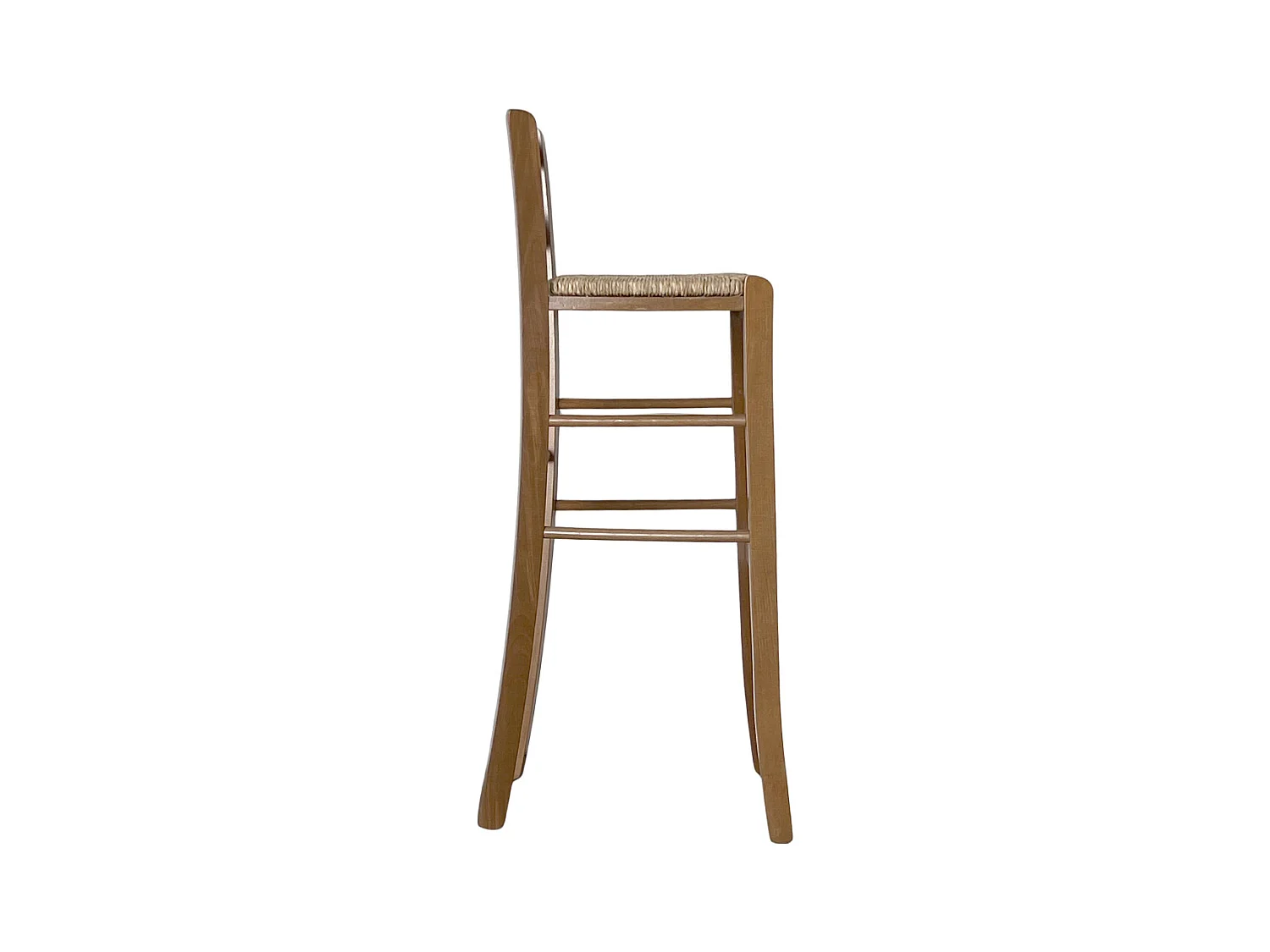 Tabouret h 80 cm en bois de noyer clair avec dossier et assise en paille