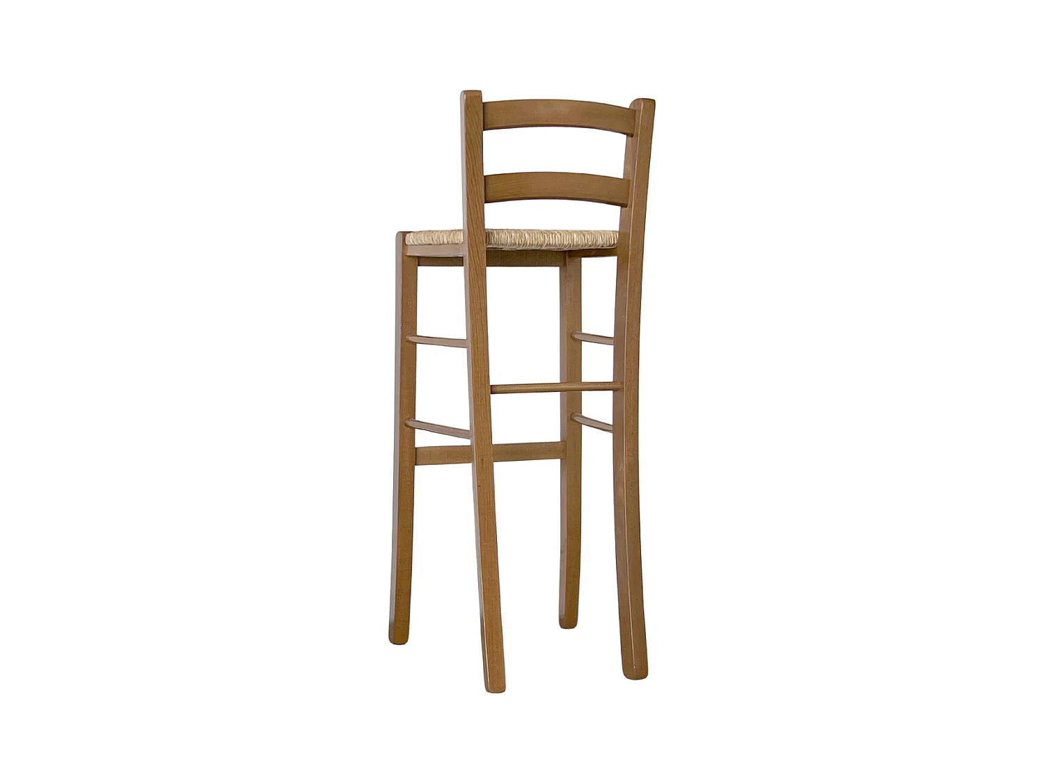 Tabouret h 80 cm en bois de noyer clair avec dossier et assise en paille