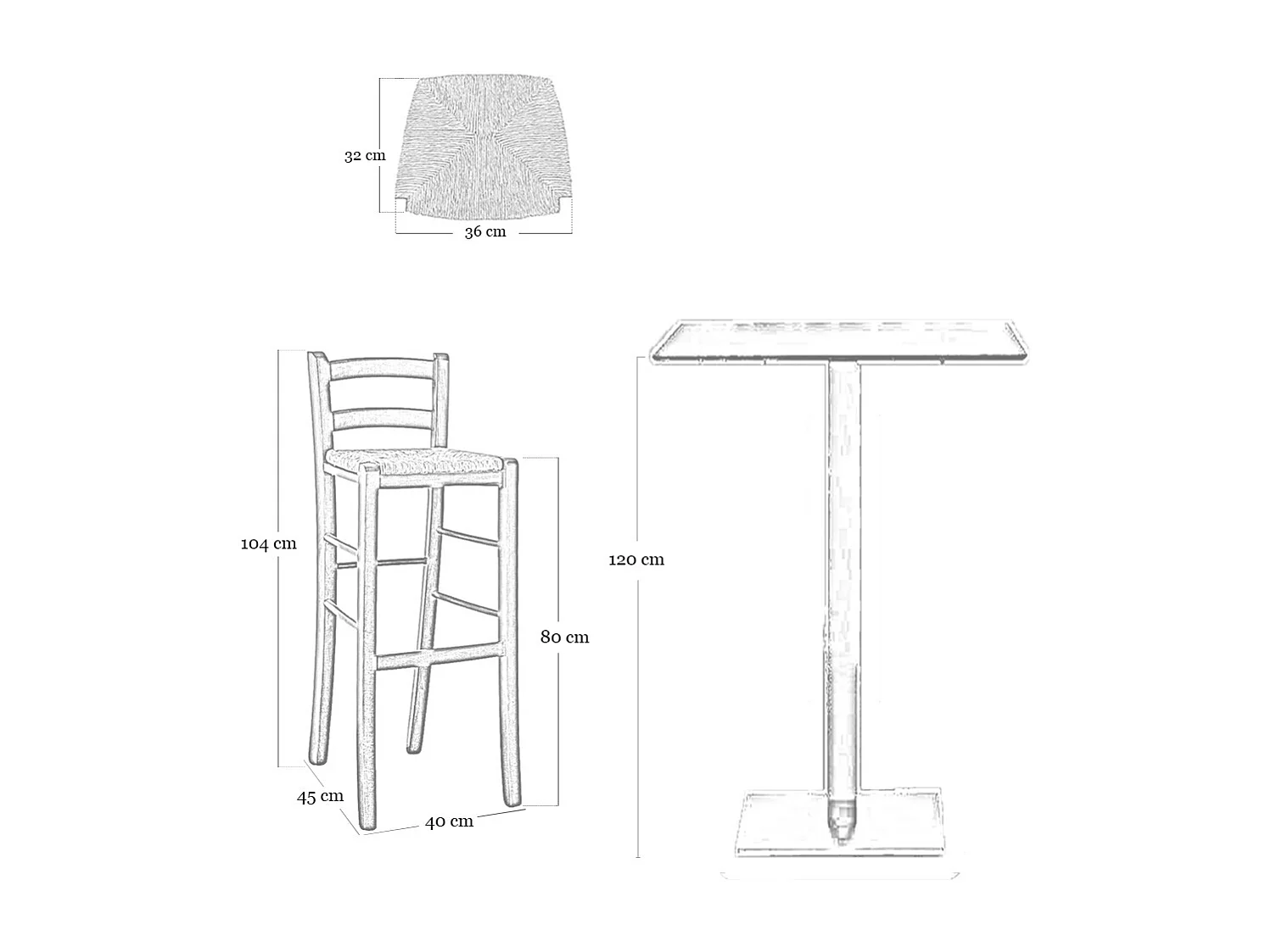 Taburete h 80 cm en madera de nogal claro con respaldo y asiento en paja