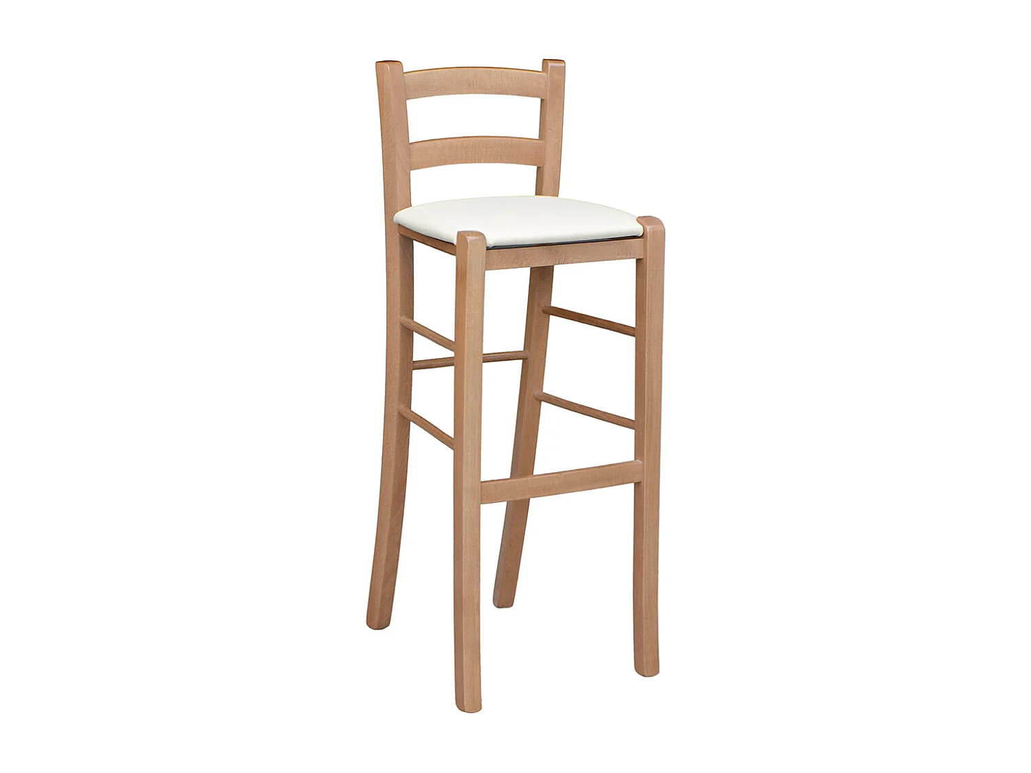 Taburete alto h80 en madera de nogal claro con respaldo y asiento de piel sintética beige