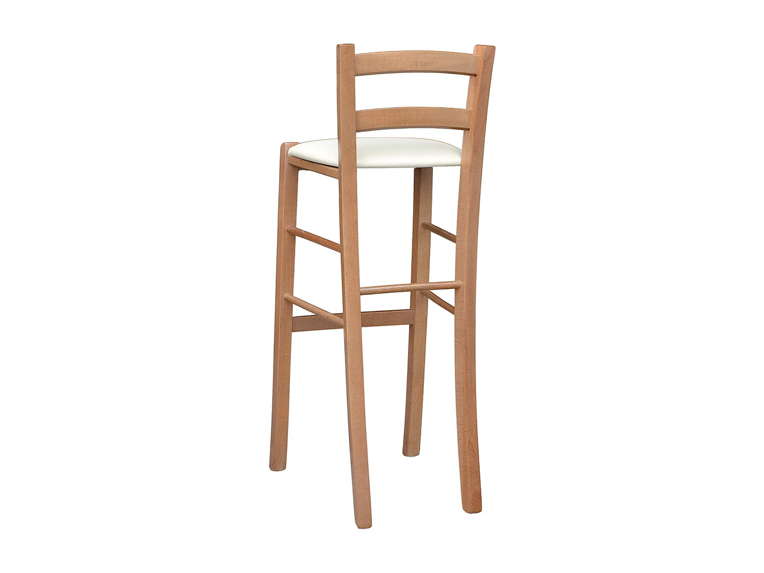 Taburete alto h80 en madera de nogal claro con respaldo y asiento de piel sintética beige