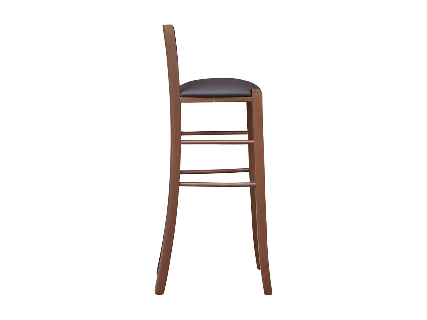 Tabouret h 80cm en bois de noyer foncé avec dossier et assise en simili cuir marron