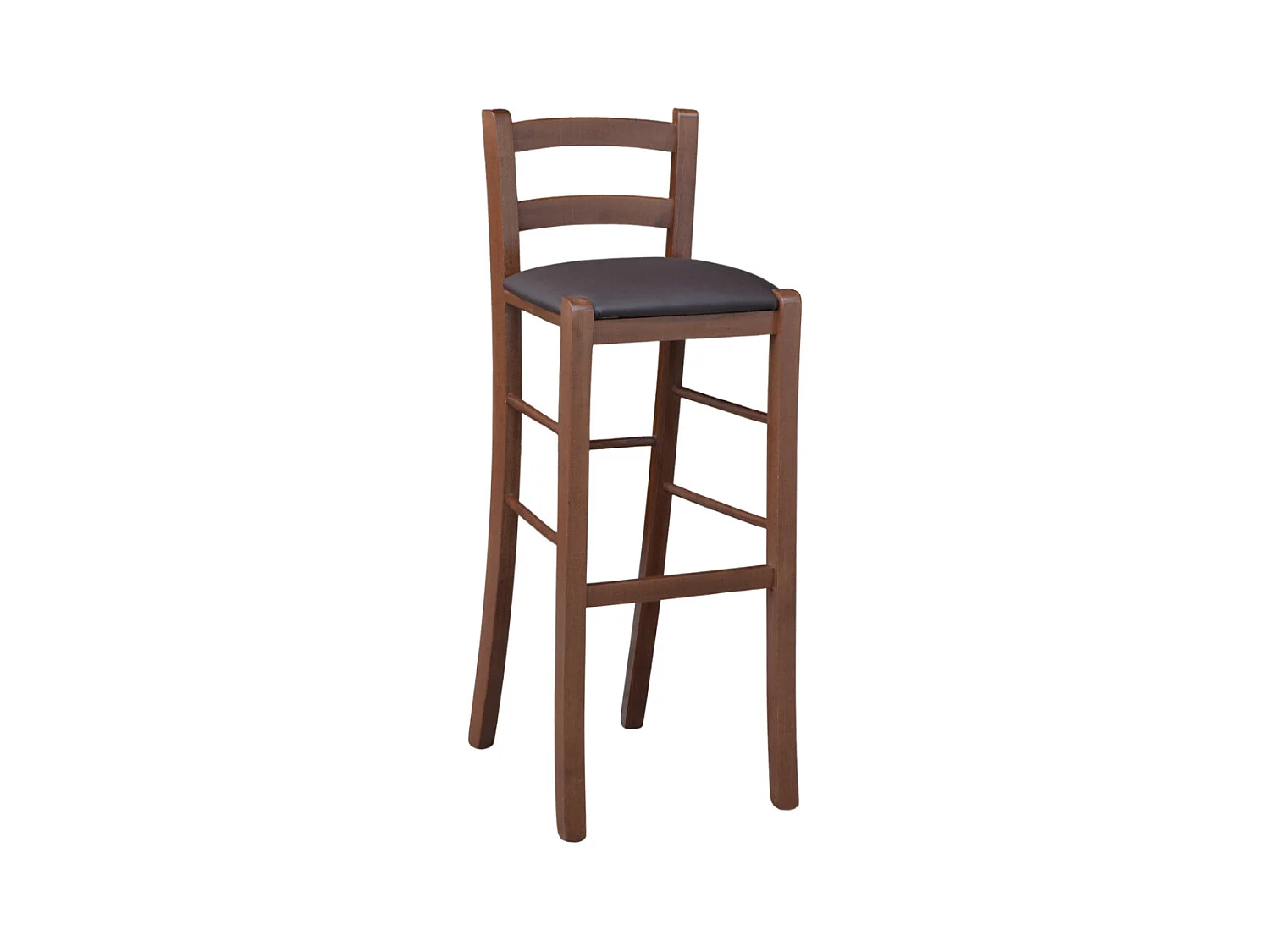 Taburete h 80cm en madera de nogal oscuro con respaldo y asiento en símil piel marrón.