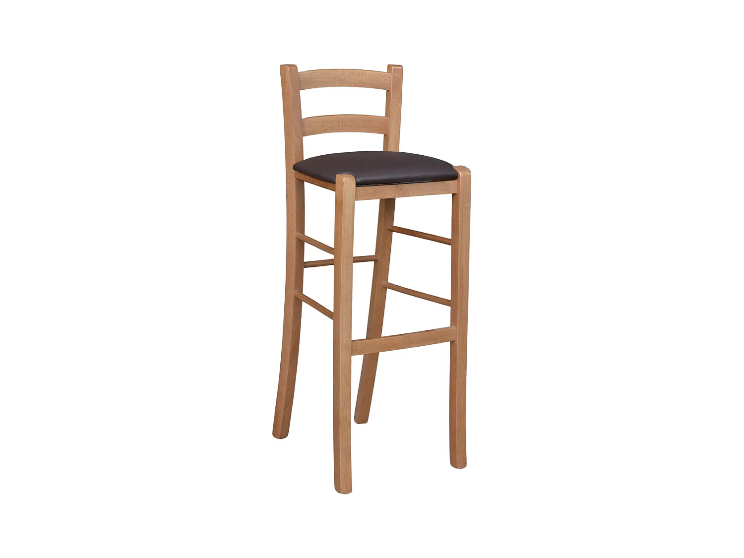 Tabouret de bar H80 en bois de noyer clair avec dossier et assise en similicuir marron