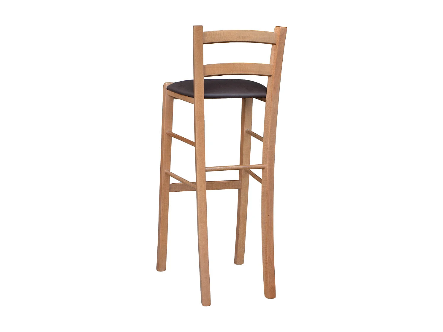 Tabouret de bar H80 en bois de noyer clair avec dossier et assise en similicuir marron
