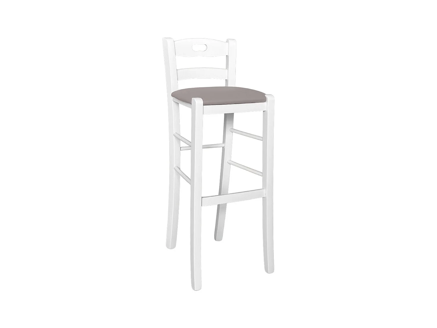 Tabouret h 80 cm en bois blanc avec poignée et assise en simili cuir gris tourterelle