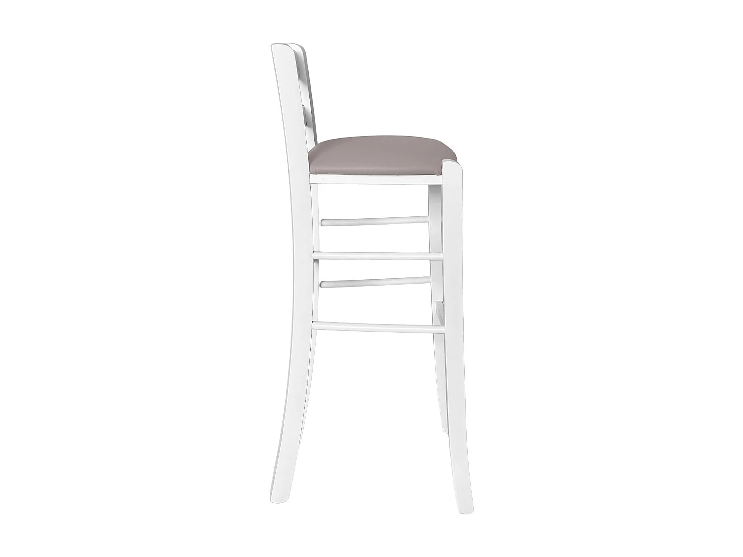 Tabouret h 80 cm en bois blanc avec poignée et assise en simili cuir gris tourterelle