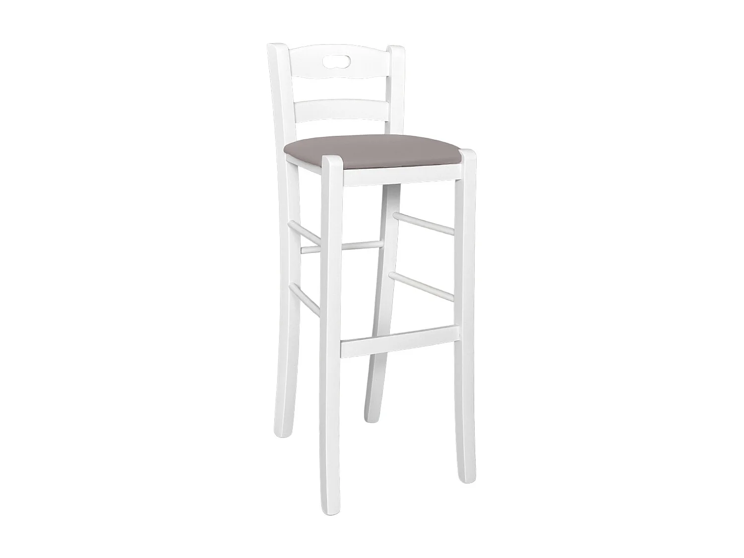 Tabouret h 80 cm en bois blanc avec poignée et assise en simili cuir gris tourterelle