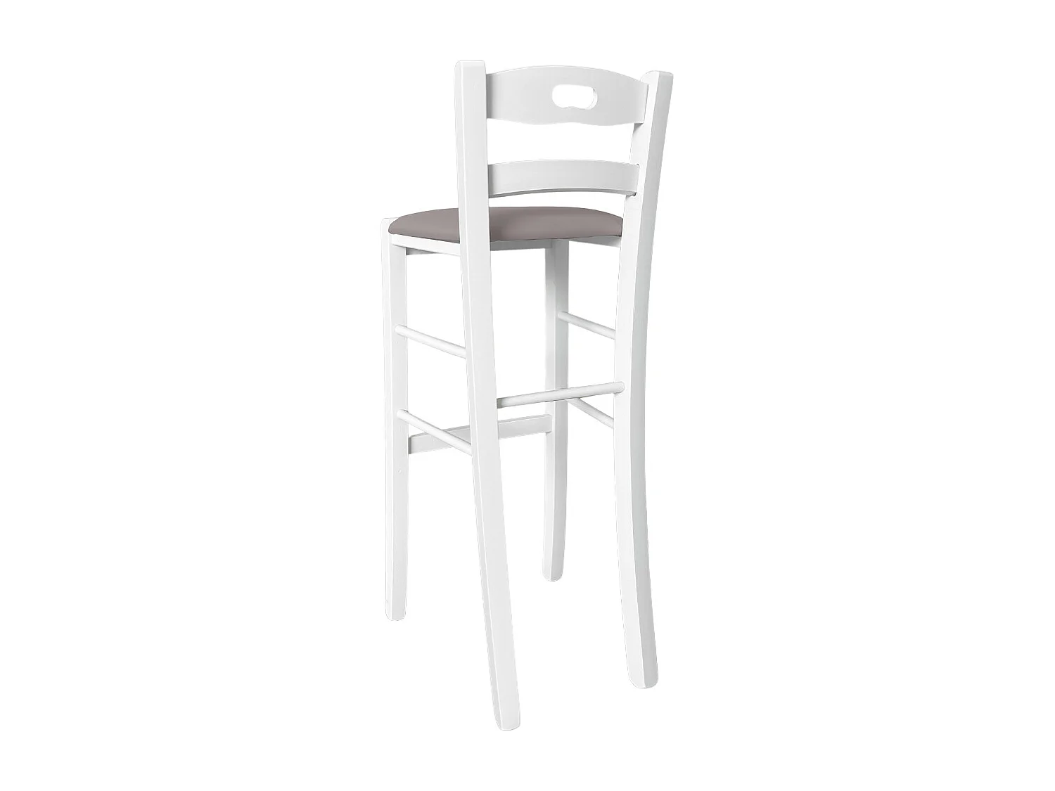 Tabouret h 80 cm en bois blanc avec poignée et assise en simili cuir gris tourterelle