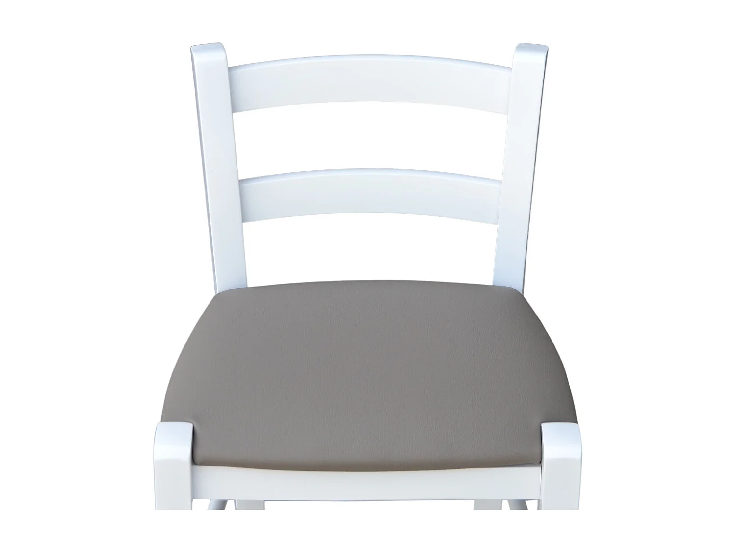 Taburete h80cm en madera lacada en blanco con respaldo y asiento de piel sintética color gris tórtola