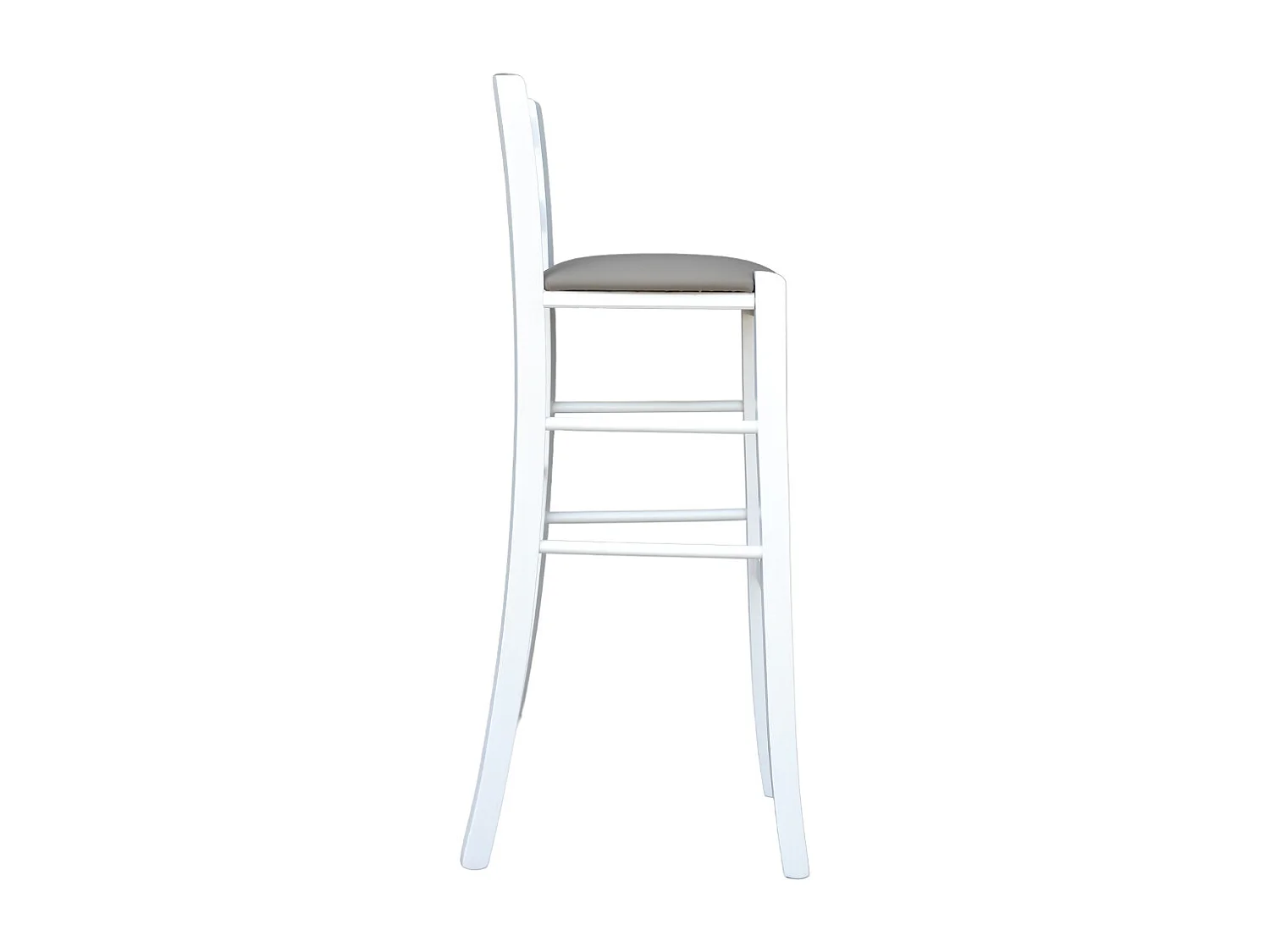 Taburete h80cm en madera lacada en blanco con respaldo y asiento de piel sintética color gris tórtola