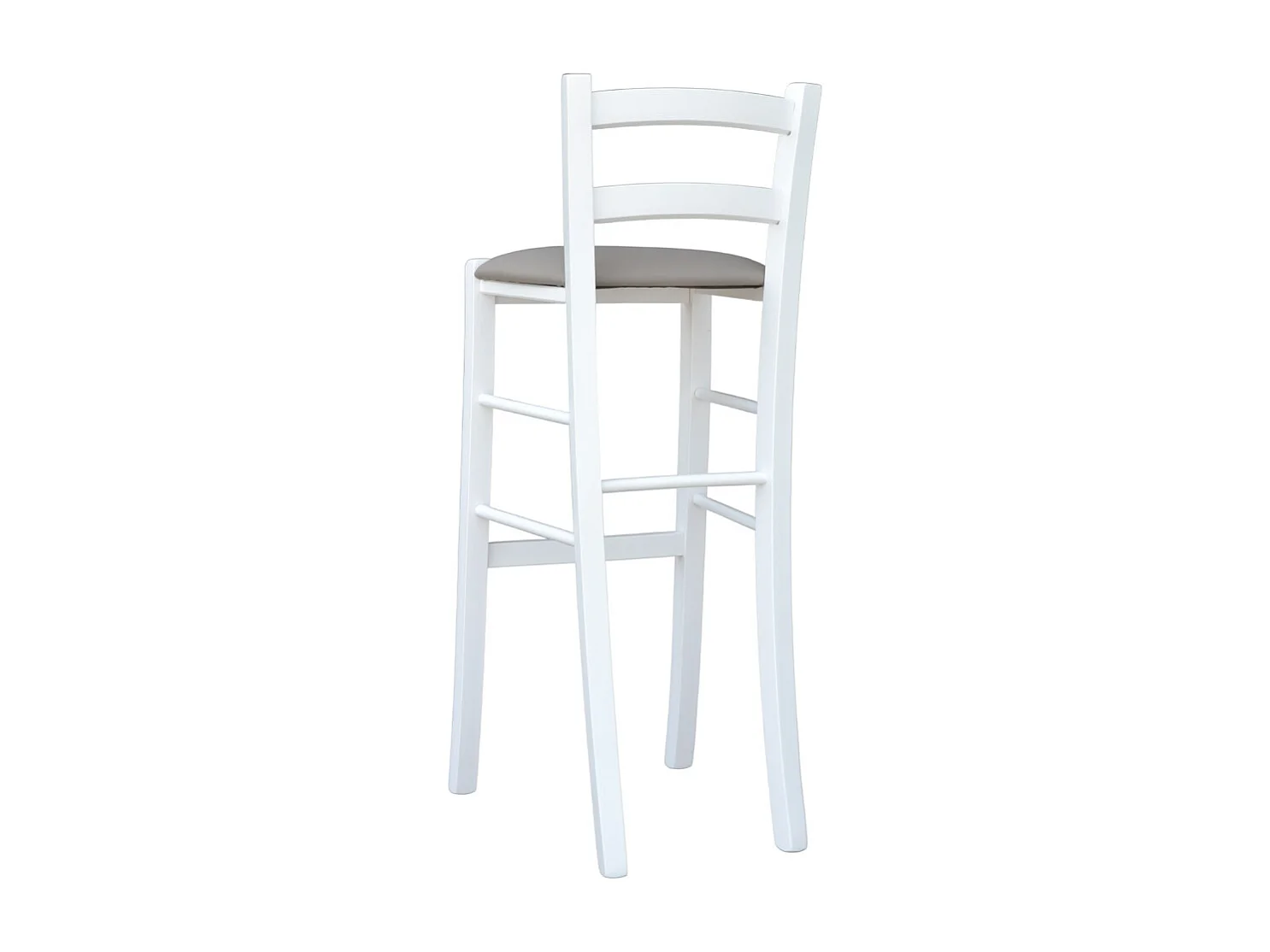 Taburete h80cm en madera lacada en blanco con respaldo y asiento de piel sintética color gris tórtola