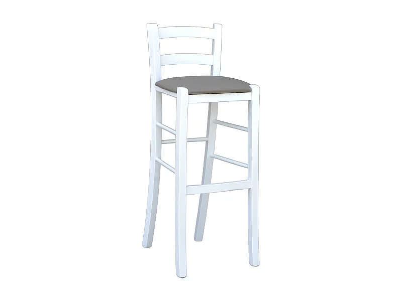 Taburete h80cm en madera lacada en blanco con respaldo y asiento de piel sintética color gris tórtola