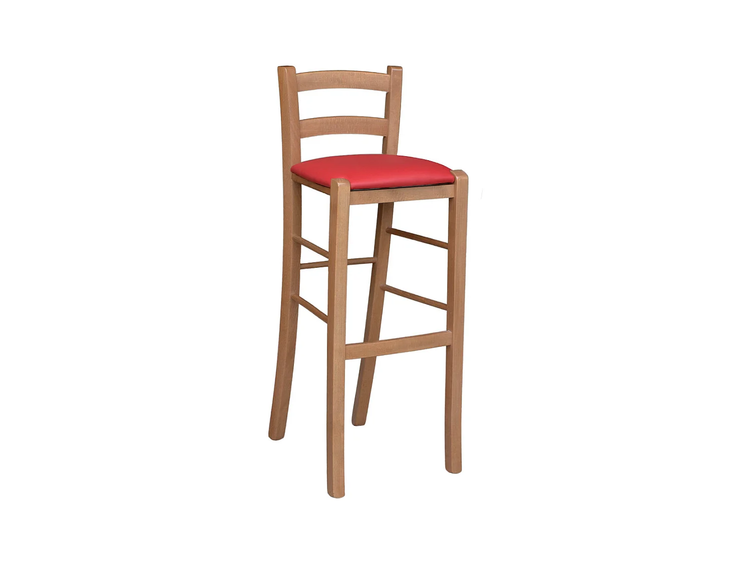 Tabouret de bar h 80 cm en bois ncoe clair avec assise et dossier en simili cuir rouge