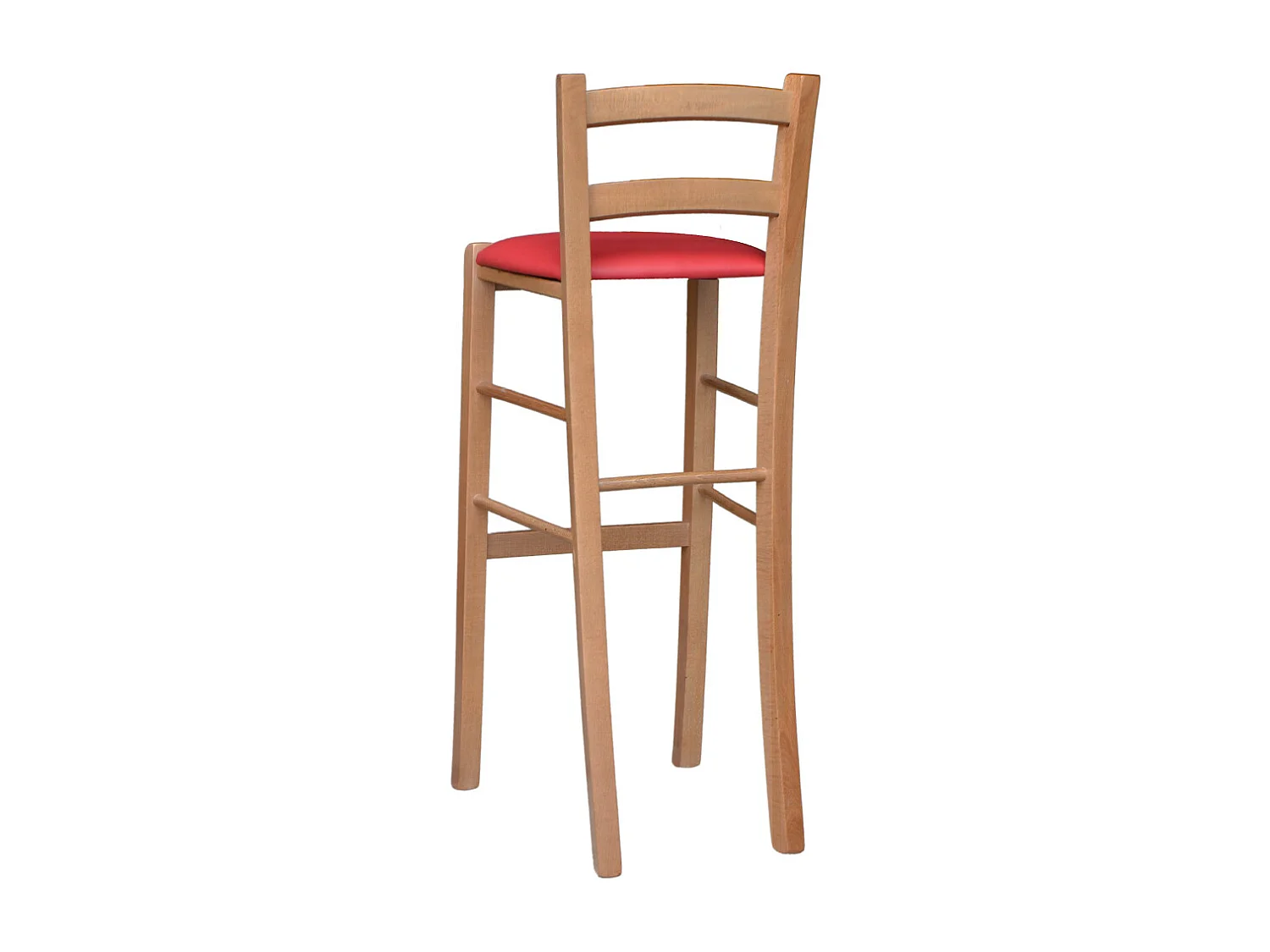 Tabouret de bar h 80 cm en bois ncoe clair avec assise et dossier en simili cuir rouge