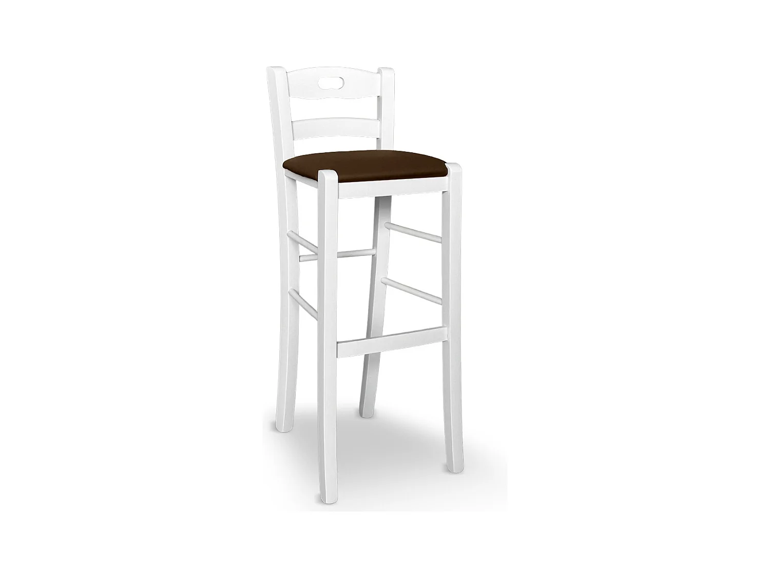 Tabouret h 80 en bois peint blanc avec poignée assise en simili cuir marron